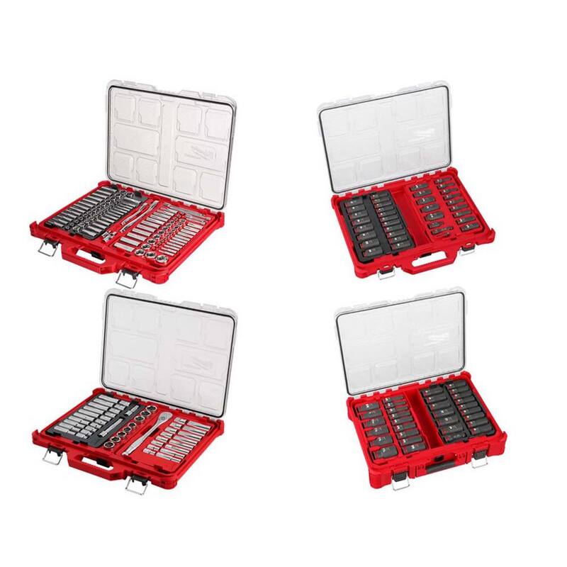 Set de trinquete y llave Milwaukee de 1/4, 3/8 y 1/2 pulgadas con sistema PACKOUT y juego de casquillos SHOCKWAVE (220 piezas) - 48-22-9486-48-22-9487-48-66-6805-49-66-6