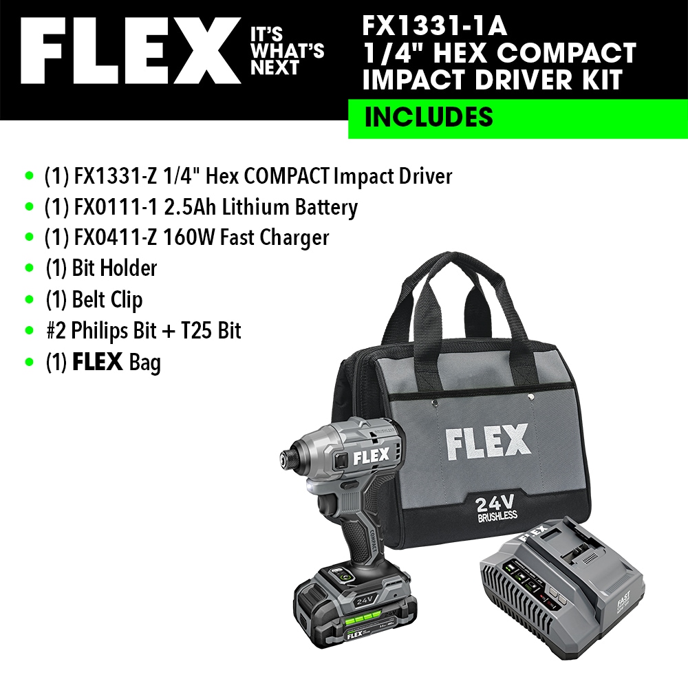 Atornillador de impacto inalámbrico sin escobillas FLEX COMPACT de 24 voltios y 1/4 de pulgada (Incluye batería, cargador y estuche suave) FX1331-1A