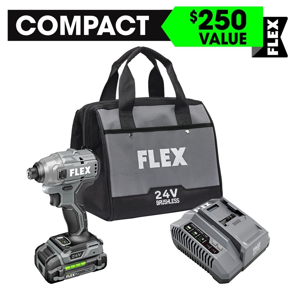 Atornillador de impacto inalámbrico sin escobillas FLEX COMPACT de 24 voltios y 1/4 de pulgada (Incluye batería, cargador y estuche suave) FX1331-1A