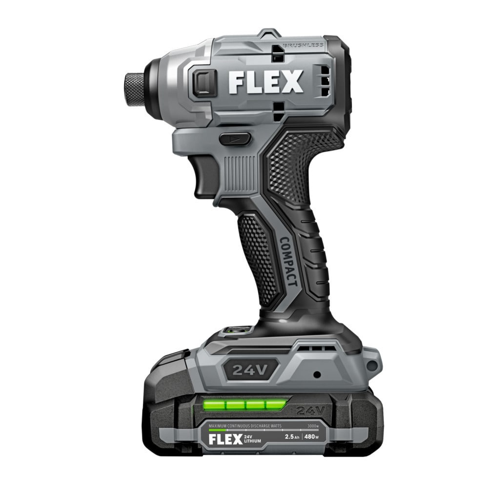 Atornillador de impacto inalámbrico sin escobillas FLEX COMPACT de 24 voltios y 1/4 de pulgada (Incluye batería, cargador y estuche suave) FX1331-1A