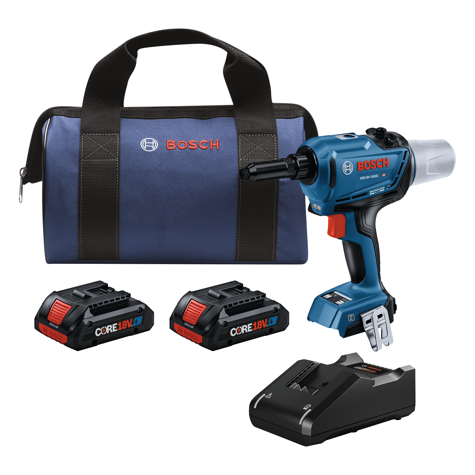 Juego de herramientas Bosch 18V Brushless Connected Rivet con (2) baterías de energía avanzada CORE18V 4 Ah GRG18V-3600CB24