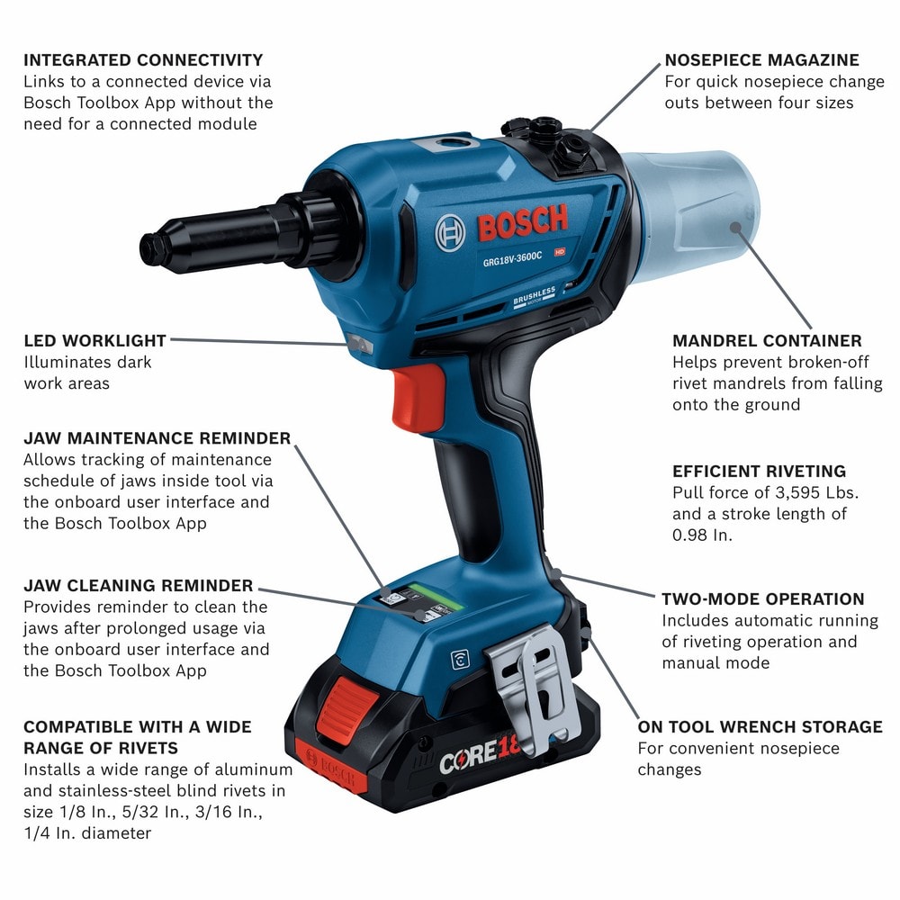Juego de herramientas Bosch 18V Brushless Connected Rivet con (2) baterías de energía avanzada CORE18V 4 Ah GRG18V-3600CB24