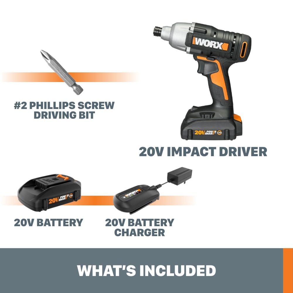 Atornillador de Impacto Inalámbrico WORX Power Share de 20 voltios máx. con batería y cargador incluidos WX291L