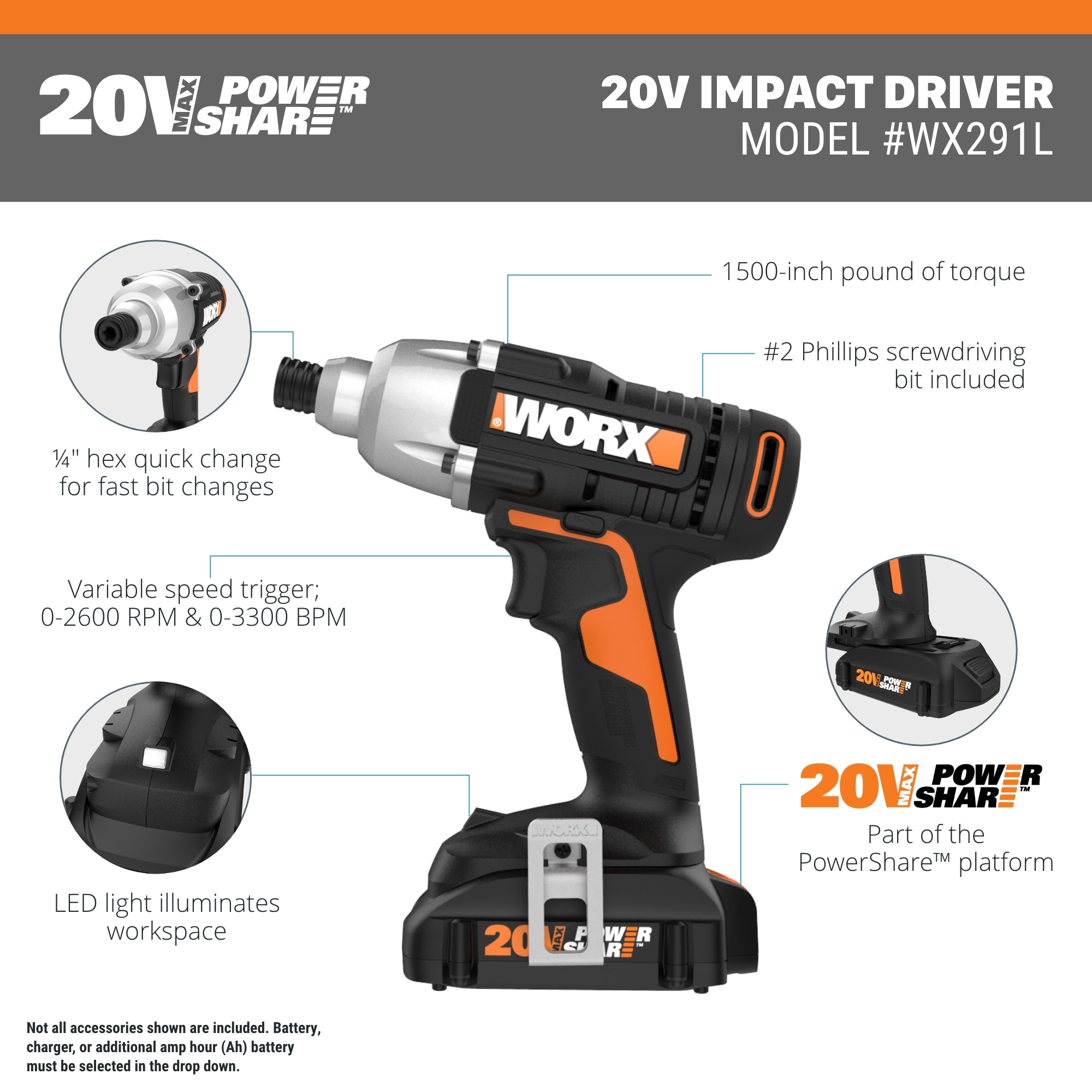 Atornillador de Impacto Inalámbrico WORX Power Share de 20 voltios máx. con batería y cargador incluidos WX291L