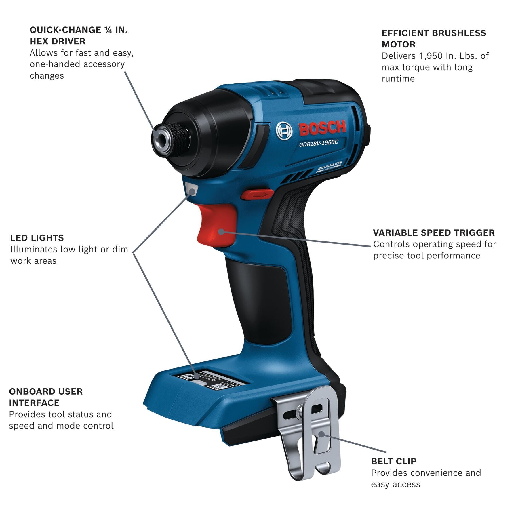 Bosch 1/4-in Llave de Impacto Inalámbrica sin Escobillas (Batería no incluida y Cargador no incluido) GDR18V-1950CN