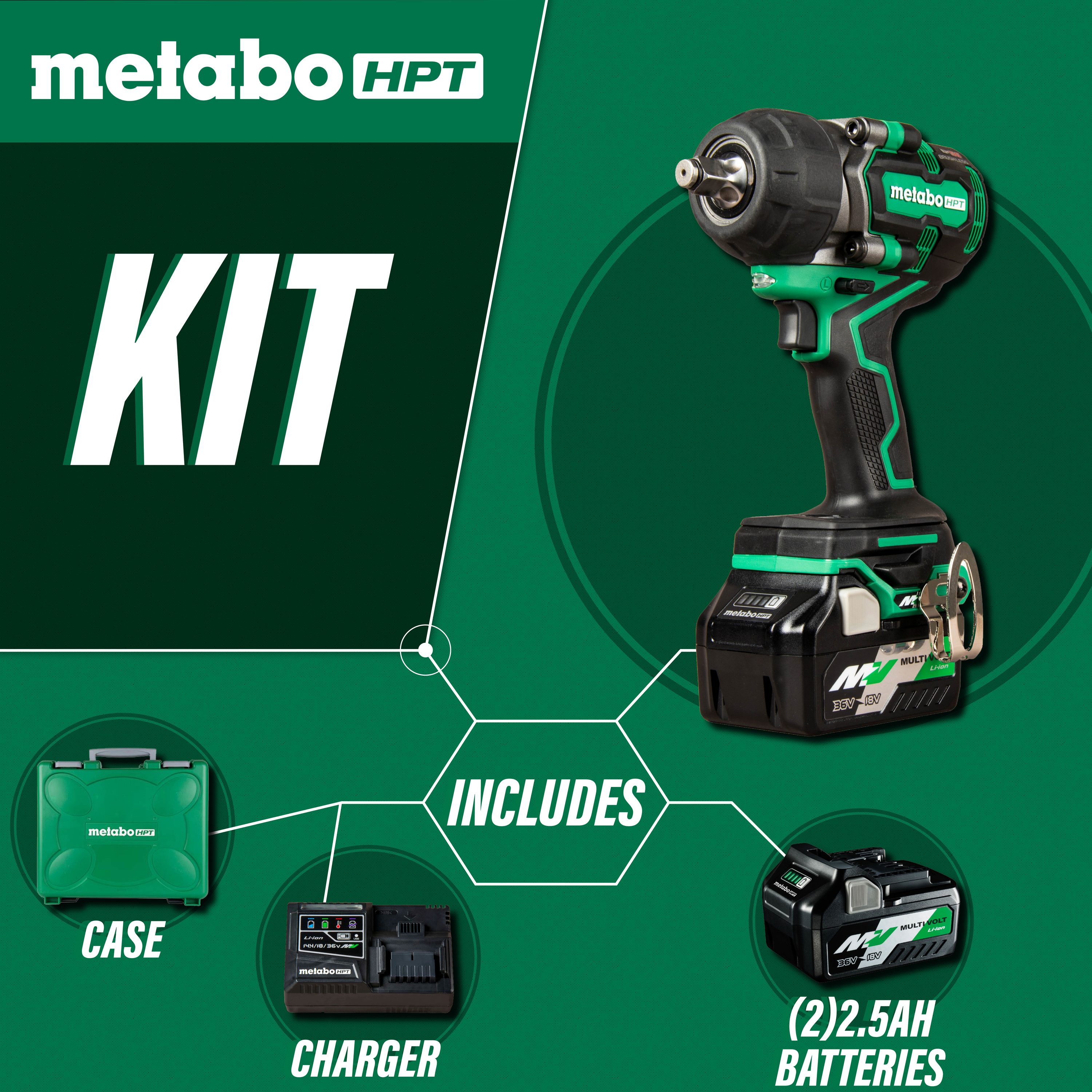 Atornillador de Impacto Inalámbrico sin Escobillas Metabo HPT de 36 voltios y 1/2 pulgada (Incluye Batería, Cargador y Estuche Resistente) WR36DEM