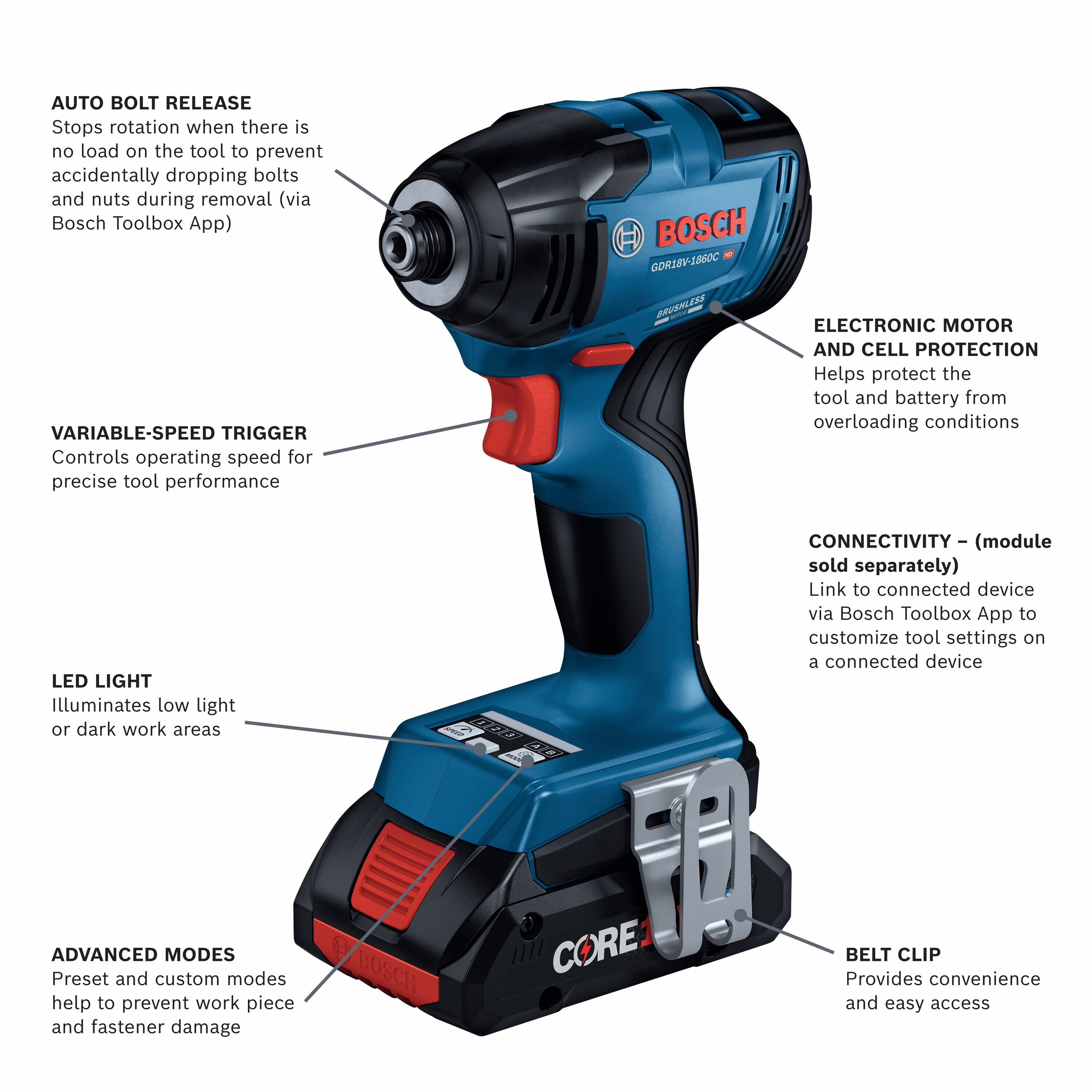 Atornillador de impacto inalámbrico Bosch Connected Ready de 18 voltios, 1/4 pulgada, sin escobillas (Incluye batería, cargador y bolsa suave) GDR18V-1860CB25