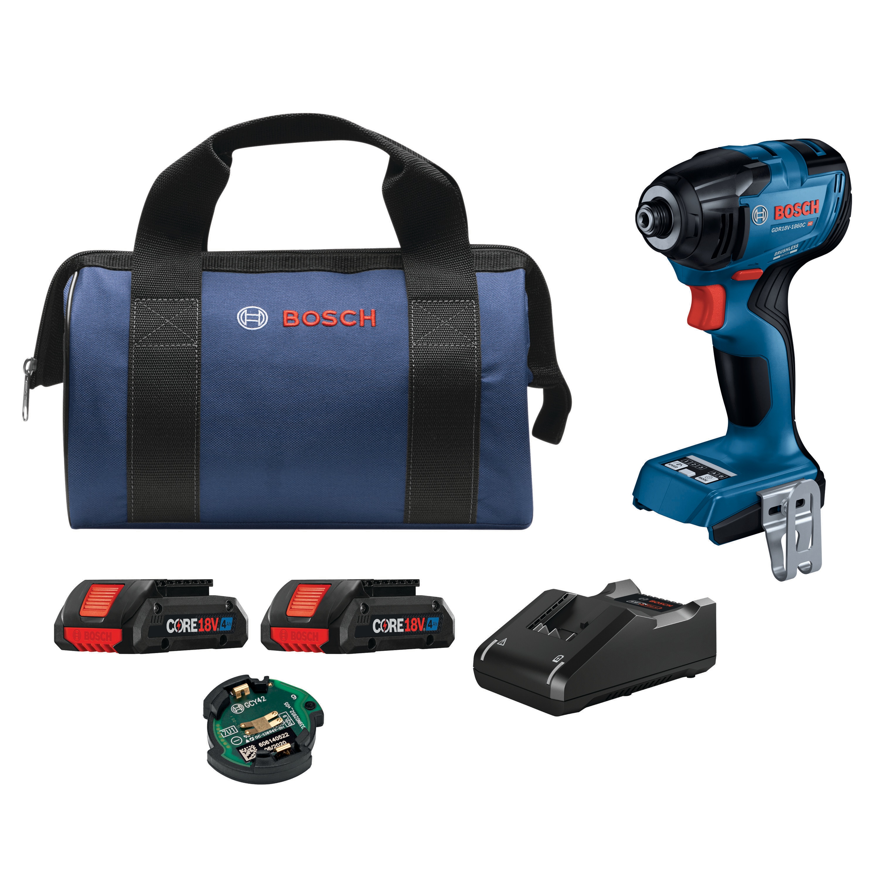 Atornillador de impacto inalámbrico Bosch Connected Ready de 18 voltios, 1/4 pulgada, sin escobillas (Incluye batería, cargador y bolsa suave) GDR18V-1860CB25