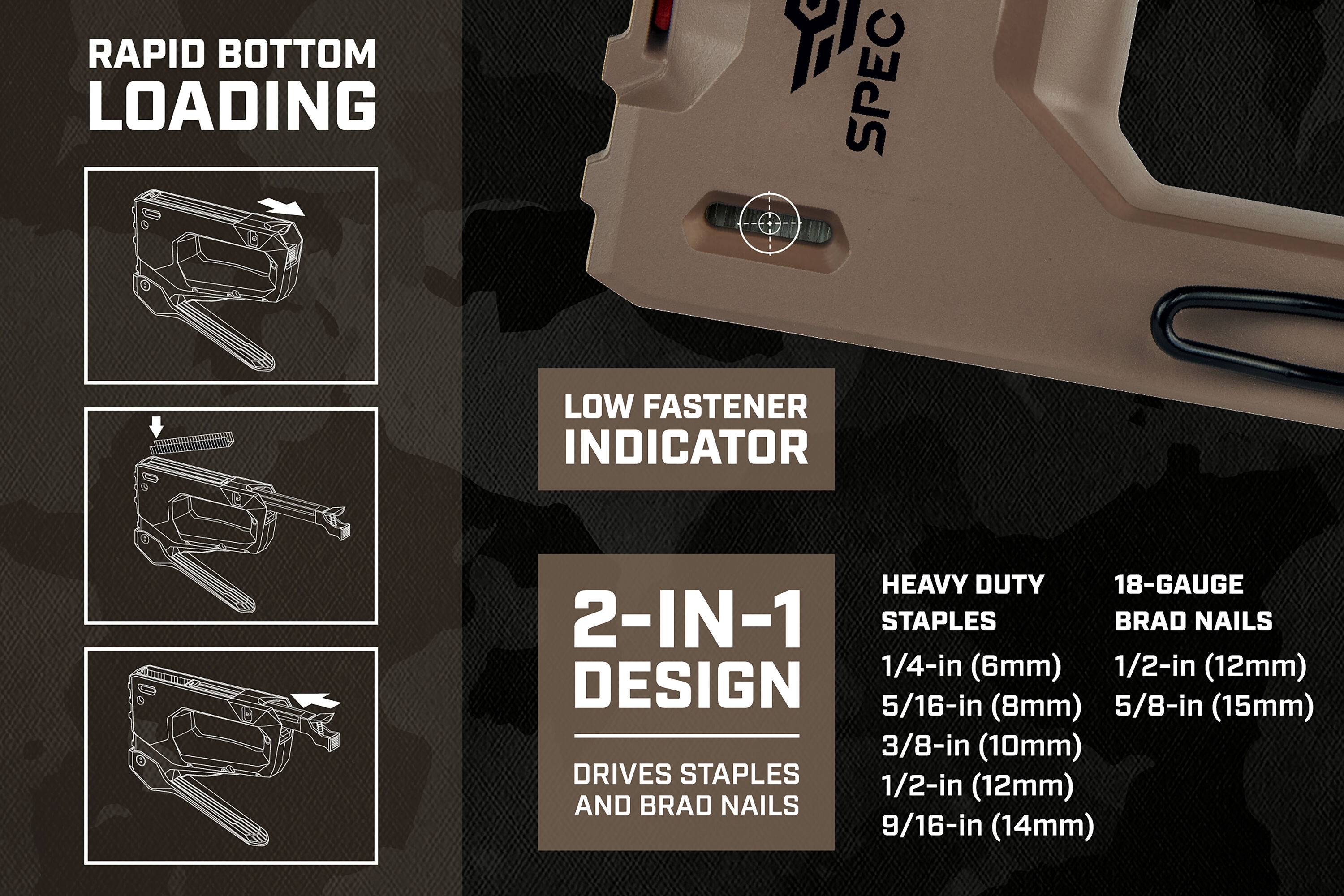 Pistola de grapas de trabajo pesado Spec Ops Tools, grapas de 1/4" - 9/16", clavos de corona estrecha de calibre 18, pistola de grapas manual SPEC-M50