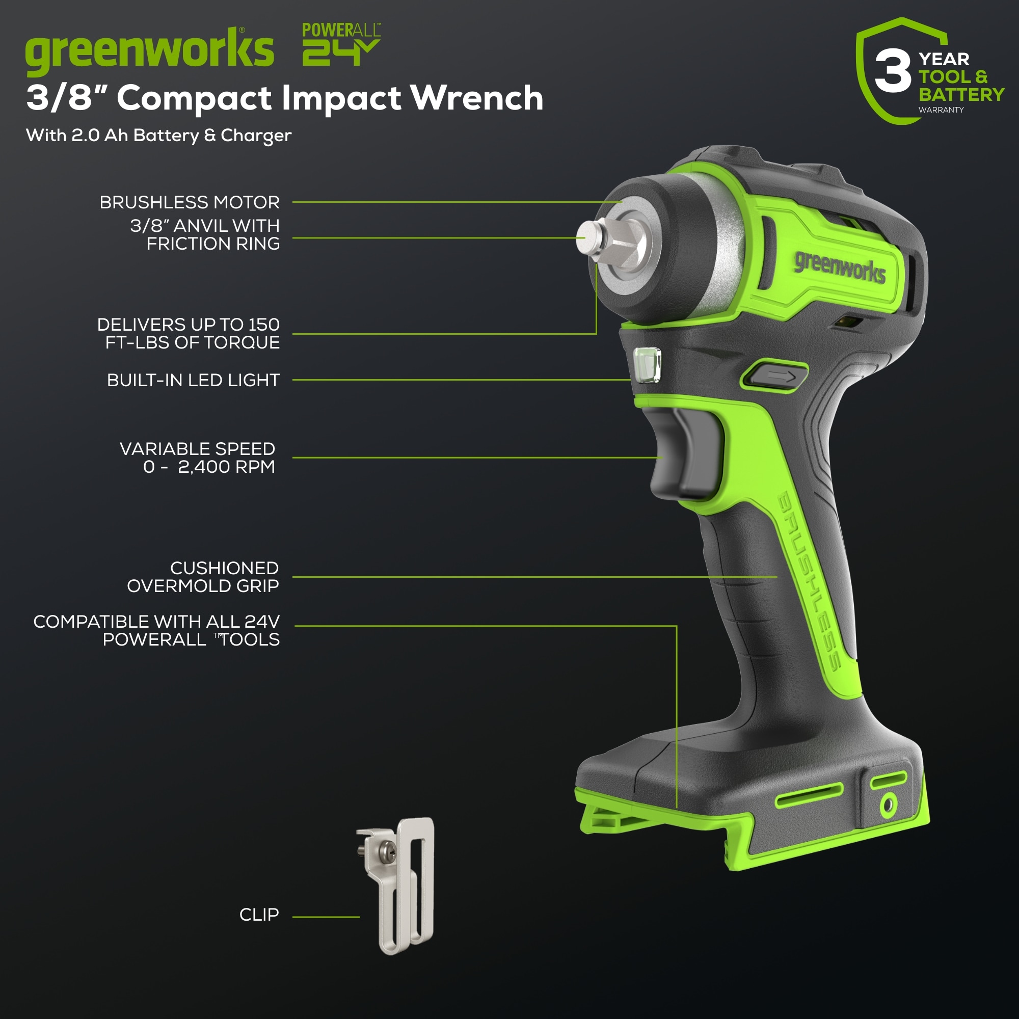 Llave de impacto inalámbrica Greenworks de 24 voltios con velocidad variable y sin escobillas de 3/8 pulgadas (Incluye batería) 3808102