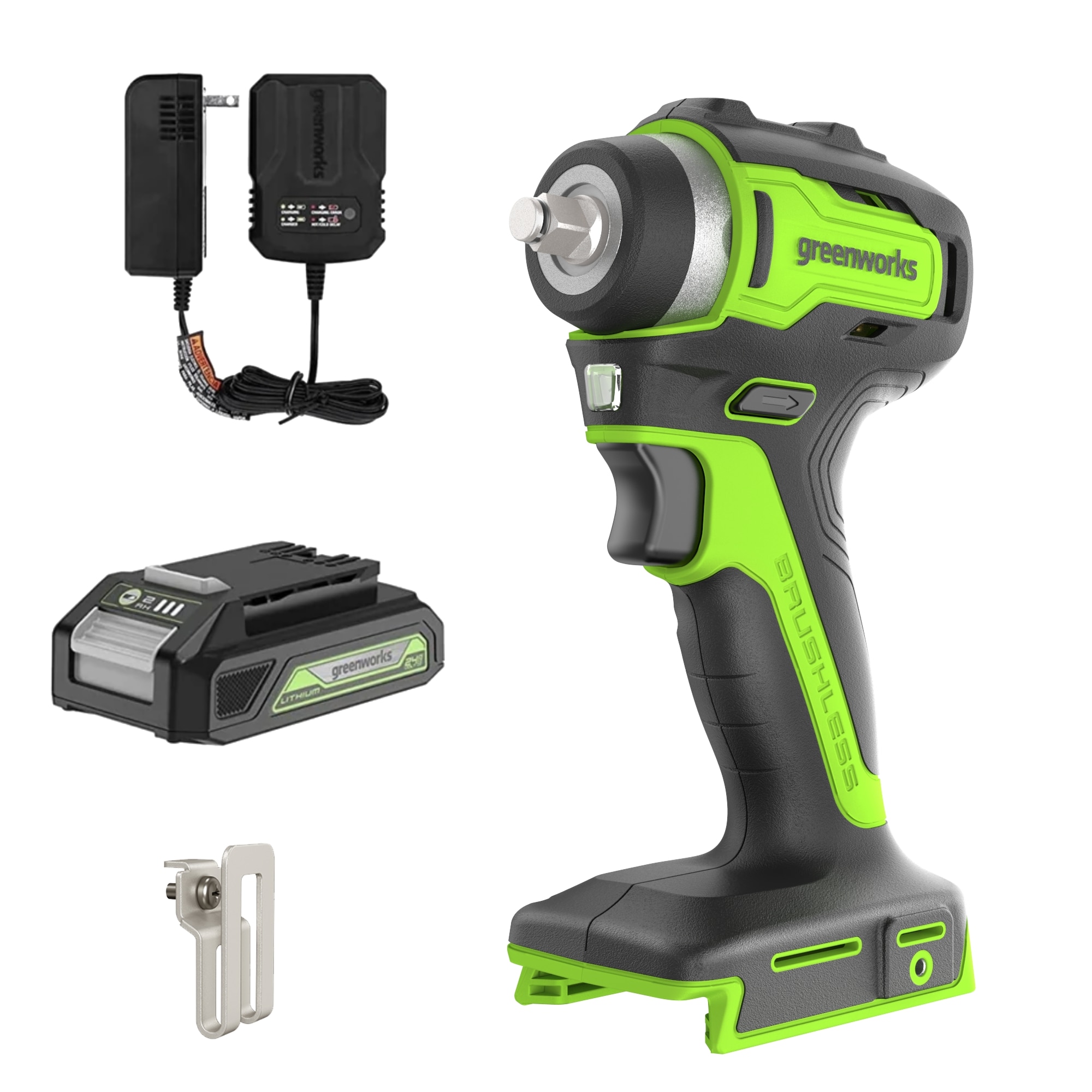 Llave de impacto inalámbrica Greenworks de 24 voltios con velocidad variable y sin escobillas de 3/8 pulgadas (Incluye batería) 3808102