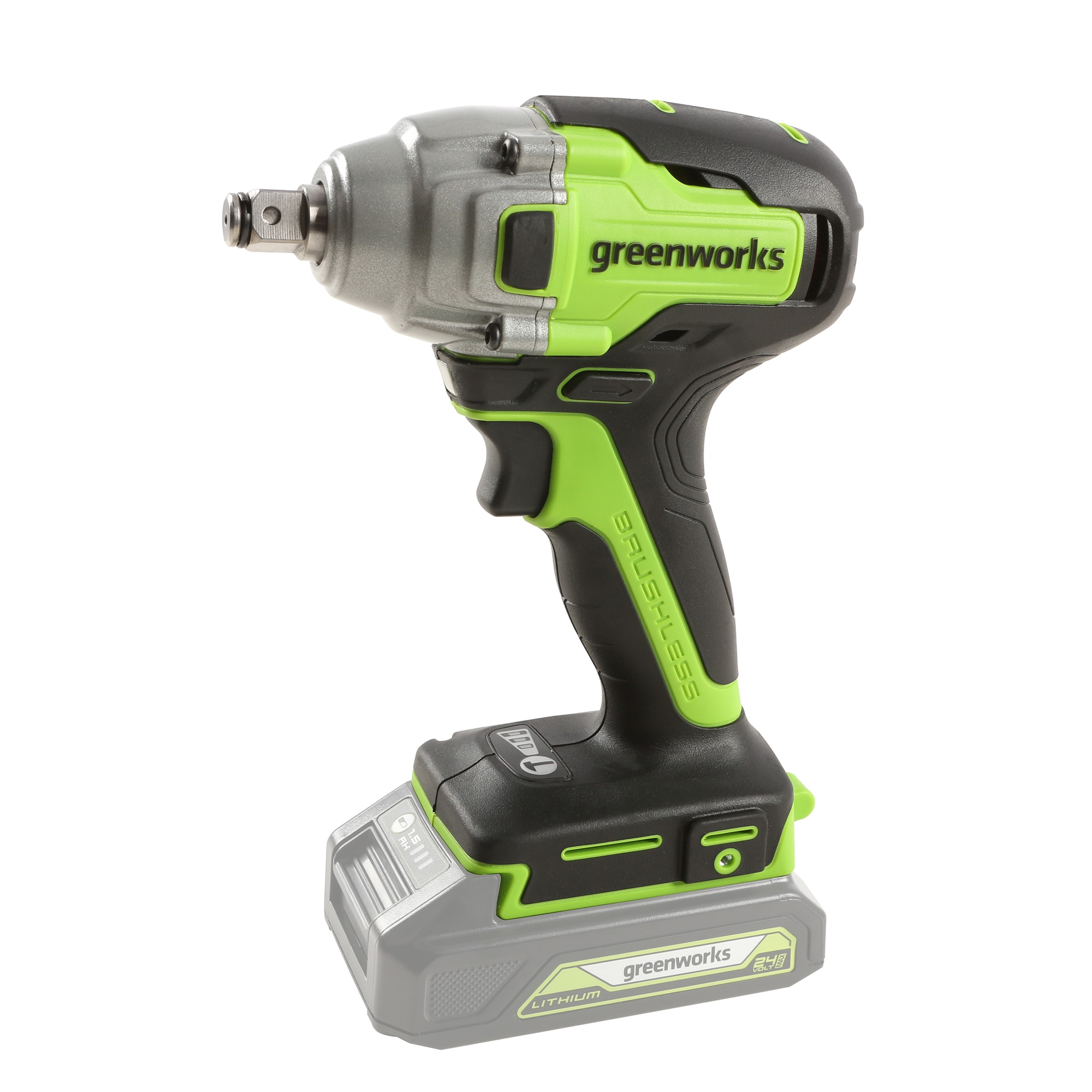 Llave de impacto inalámbrica Greenworks de 24 voltios con velocidad variable y motor sin escobillas de 1/2 pulgadas IW24L00