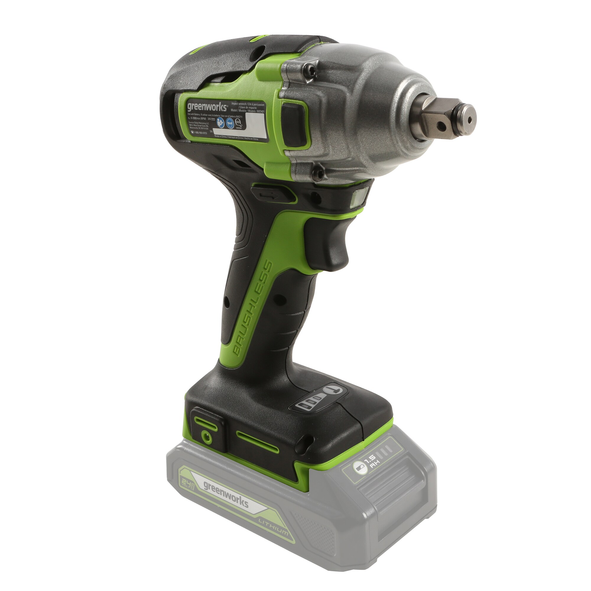 Llave de impacto inalámbrica Greenworks de 24 voltios con velocidad variable y motor sin escobillas de 1/2 pulgadas IW24L00