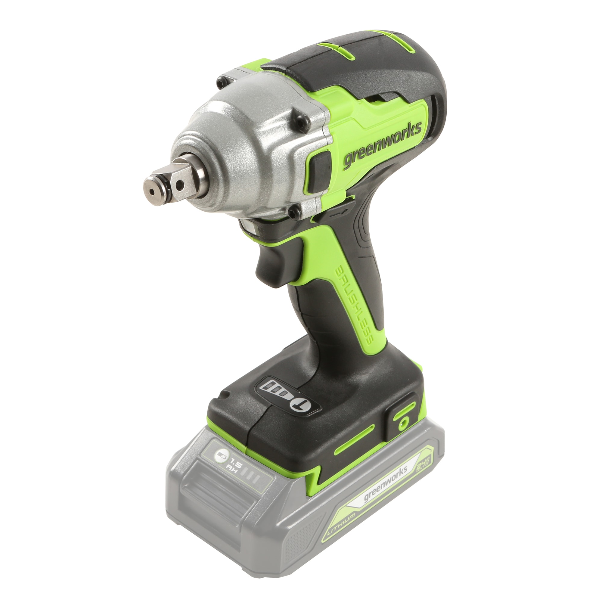 Llave de impacto inalámbrica Greenworks de 24 voltios con velocidad variable y motor sin escobillas de 1/2 pulgadas IW24L00