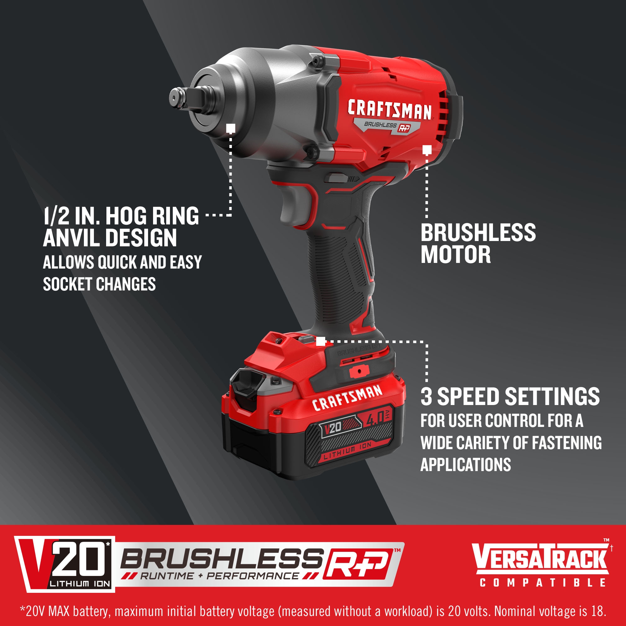 Llave de impacto inalámbrica CRAFTSMAN V20 RP de 20 voltios con velocidad variable máxima y sin escobillas de 1/2 pulgadas (batería incluida) CMCF940M1