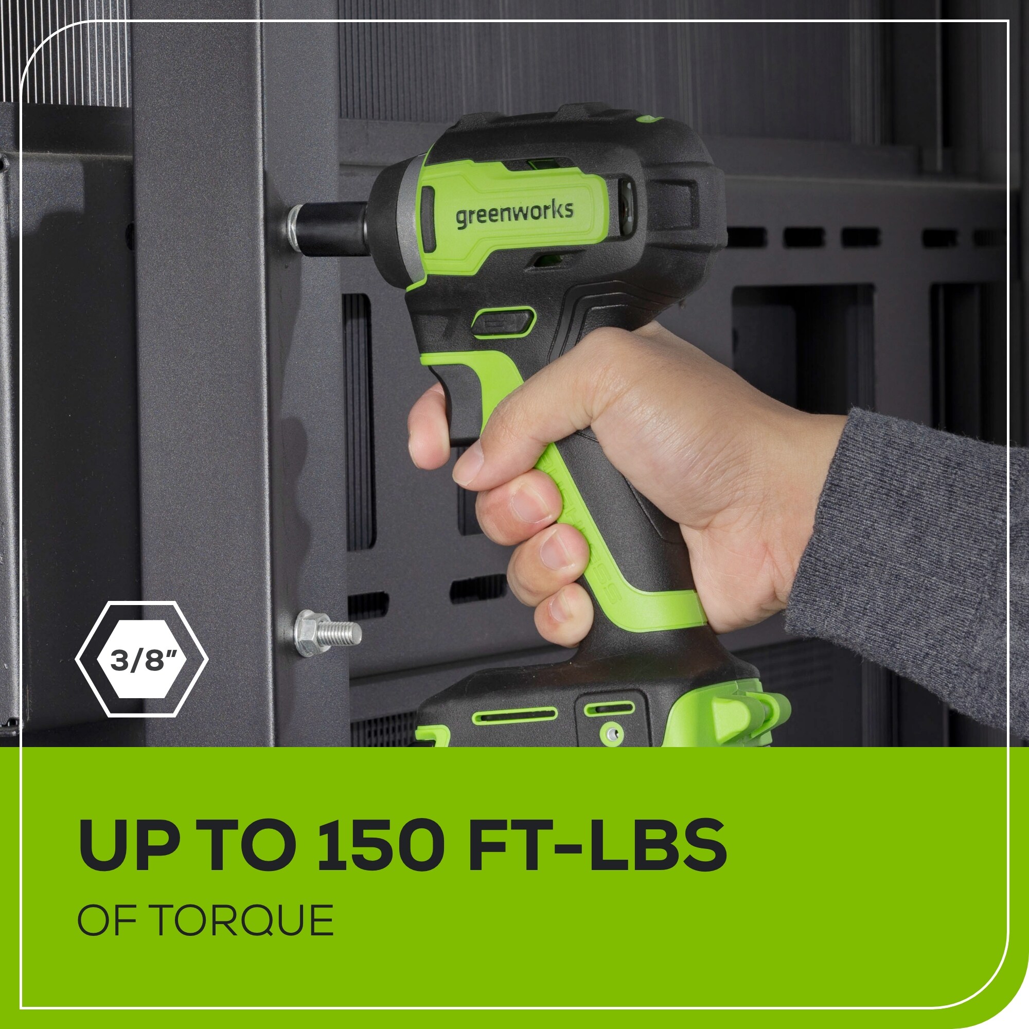 Llave de impacto inalámbrica con unidad cuadrada de 3/8 pulgadas con velocidad variable de 24 voltios sin escobillas de Greenworks 3708902