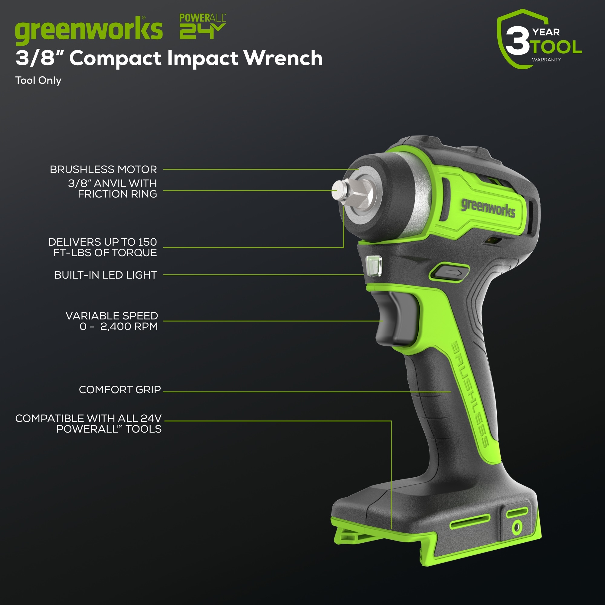 Llave de impacto inalámbrica con unidad cuadrada de 3/8 pulgadas con velocidad variable de 24 voltios sin escobillas de Greenworks 3708902