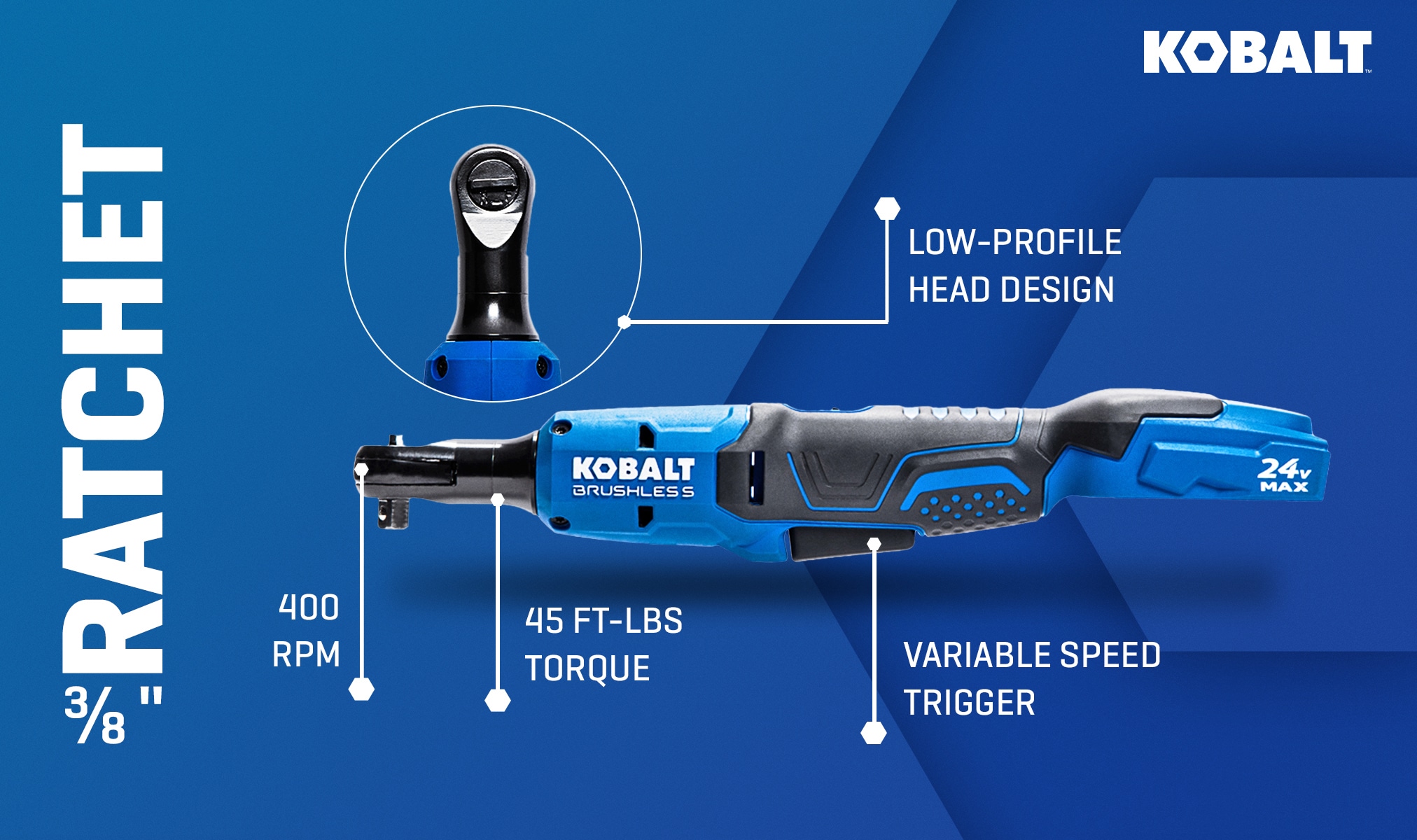 Llave de trinquete inalámbrica de 24 voltios de velocidad variable y sin escobillas de 3/8 pulgadas Kobalt KRW 224B-03