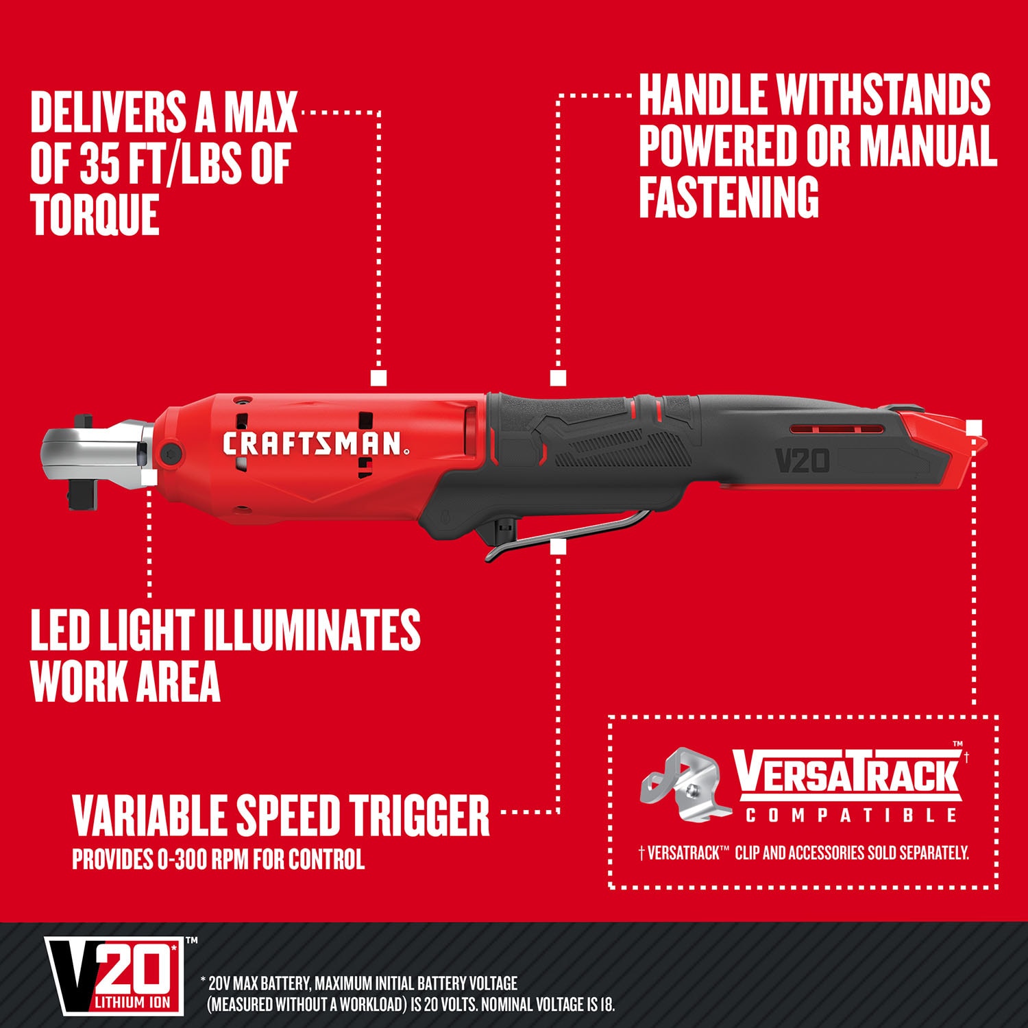 Llave de trinquete inalámbrica CRAFTSMAN V20 de 20 voltios con velocidad variable máxima de 3/8 pulgadas Drive CMCF930B