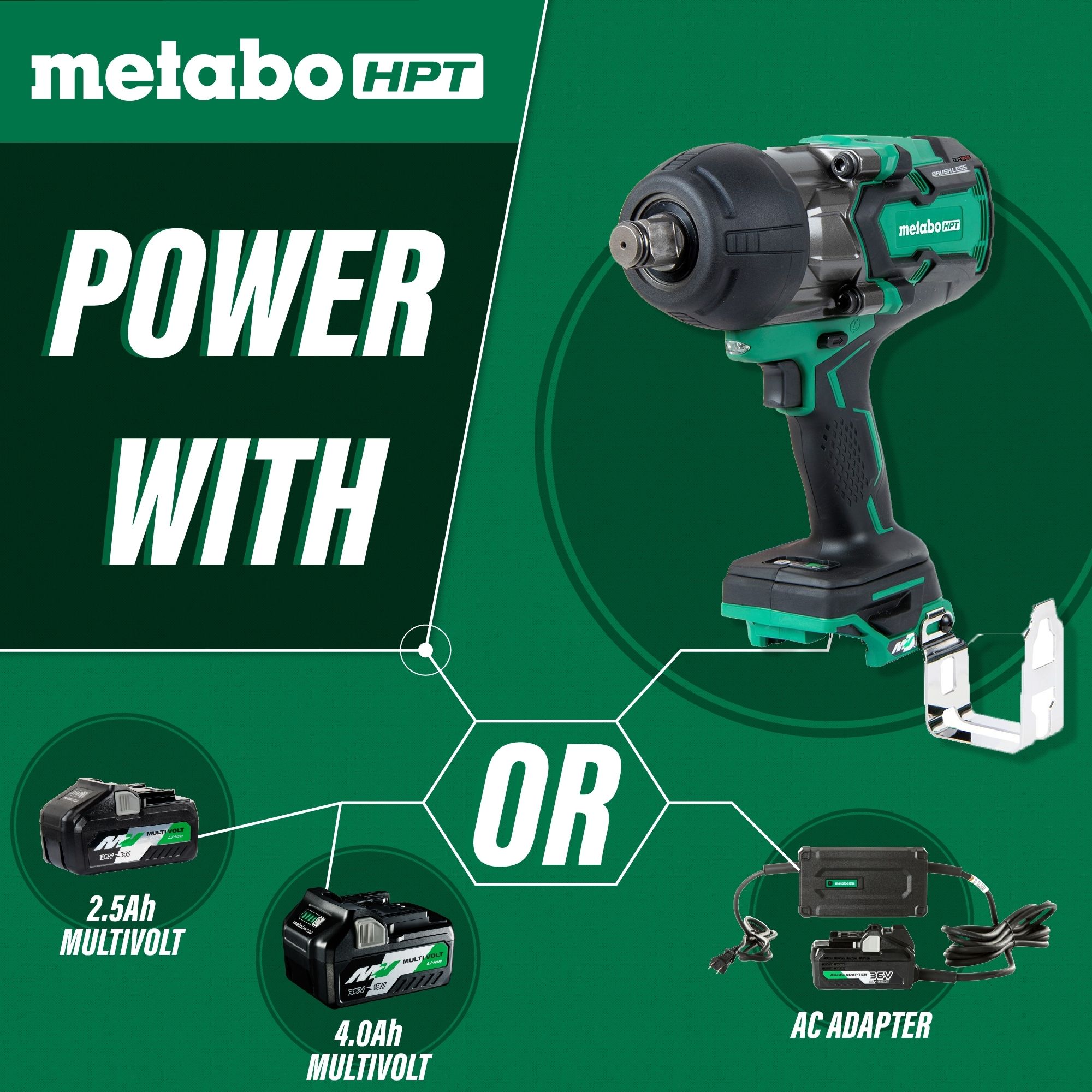 Llave de Impacto Inalámbrica Metabo HPT MultiVolt de 36 voltios con Velocidad Variable y Motor sin Escobillas, Capaz de Funcionar con Batería Híbrida de 1/2 pulgada. Modelo WR36DAQ4M.