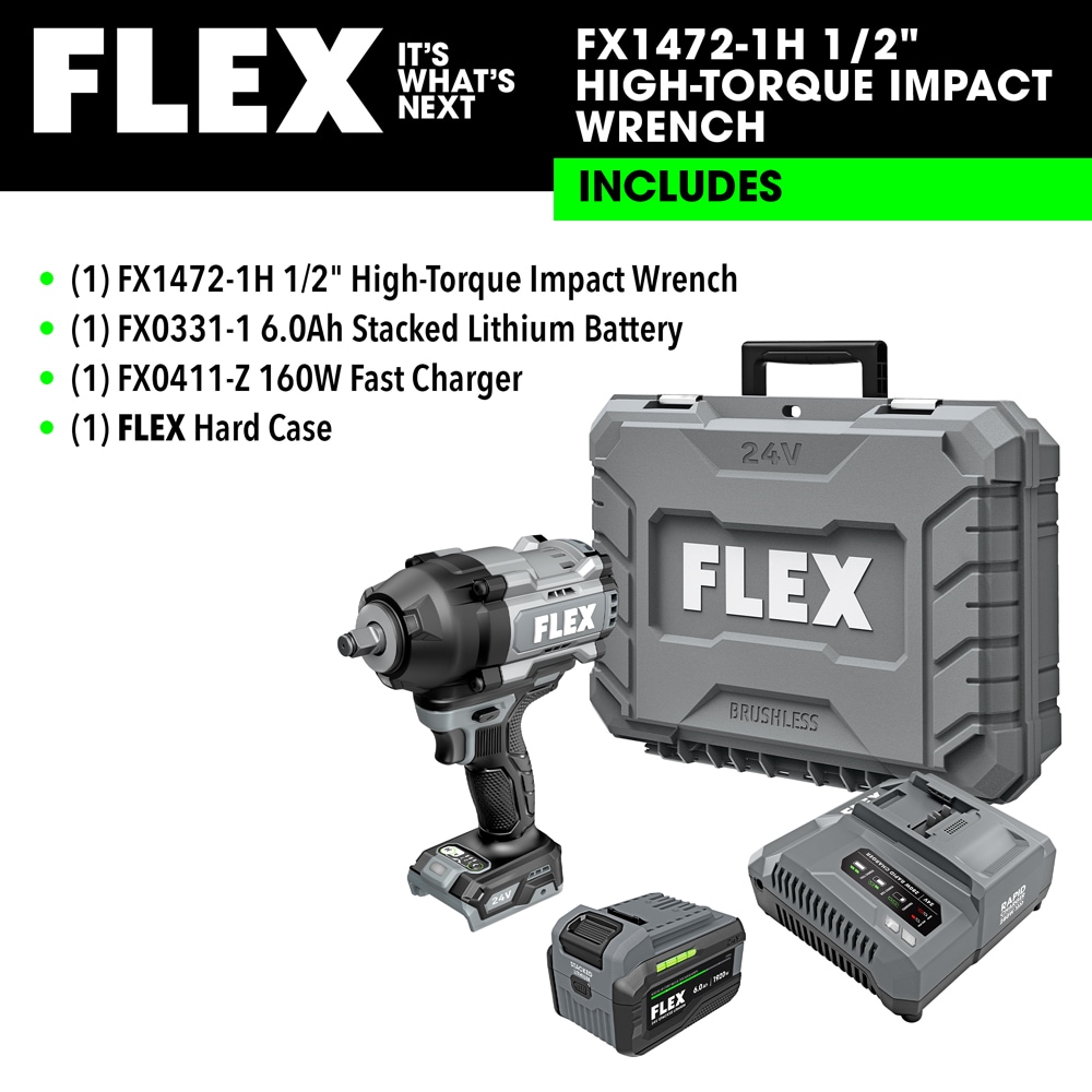 Llave de impacto inalámbrica de 24 voltios y 6 amperios con control de velocidad variable sin escobillas de 1/2 pulgadas de la pila de litio apilada FLEX (batería incluida) FX1472-1H