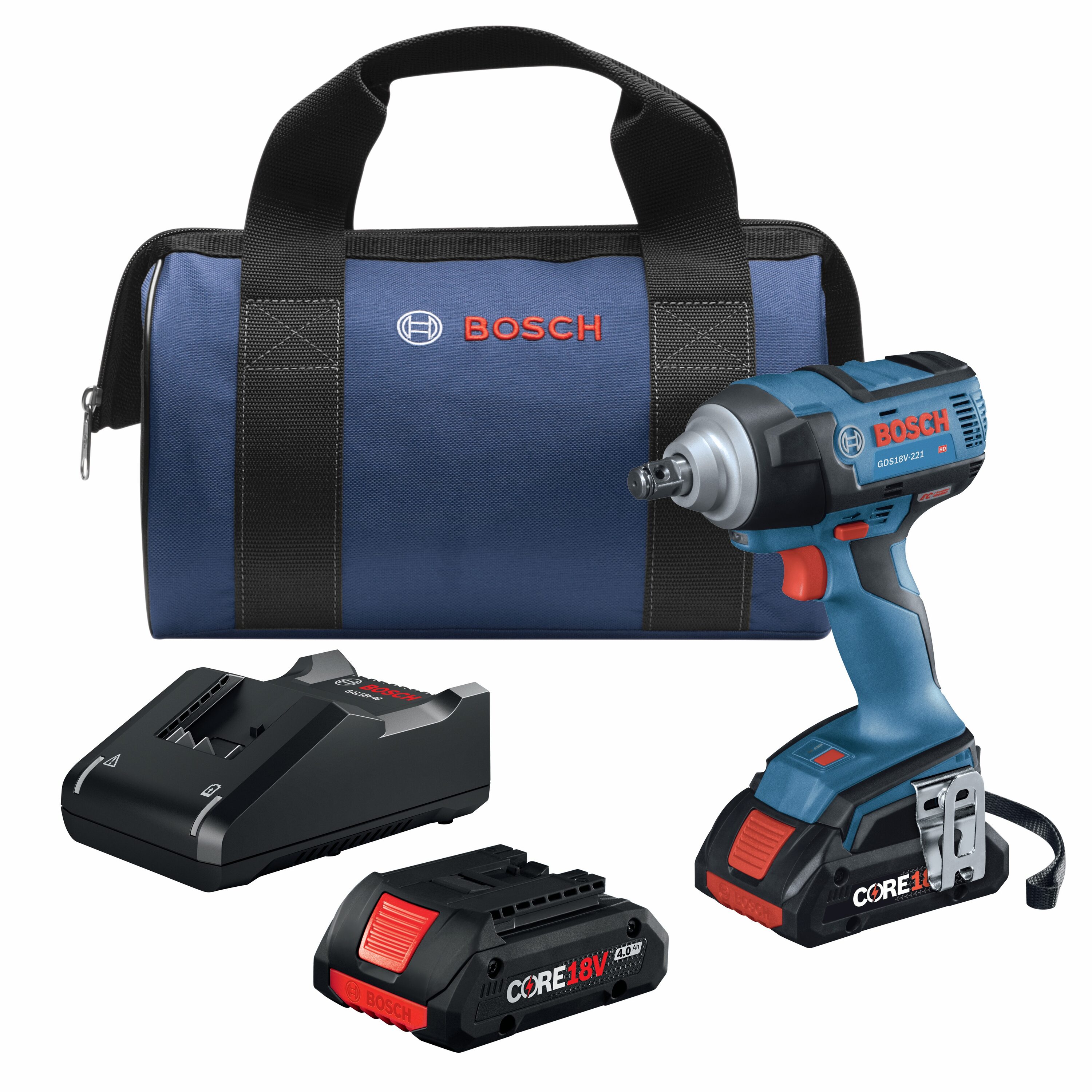 Llave de impacto inalámbrica Bosch 18 voltios con motor sin escobillas de velocidad variable de 4 amperios y 1/2 pulgada, con 2 baterías GDS18V-221B25