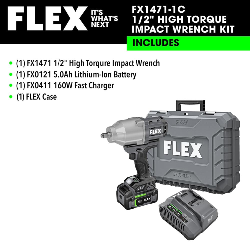 Llave de impacto inalámbrica sin escobillas FLEX de velocidad variable de 24 voltios y 1/2 pulgada con batería incluida FX1471-1CP