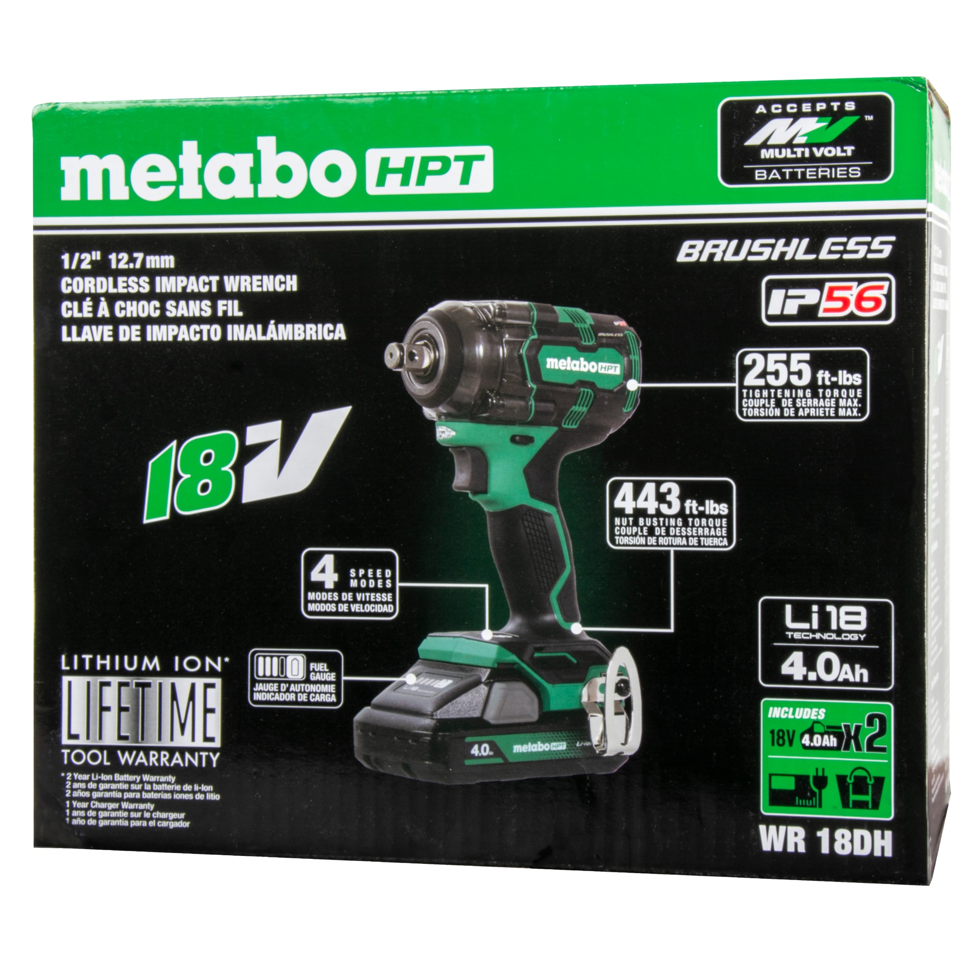 Llave de impacto inalámbrica Metabo HPT de 18 voltios con velocidad variable y cuadrado de 1/2 pulgadas, 2 baterías WR18DHM