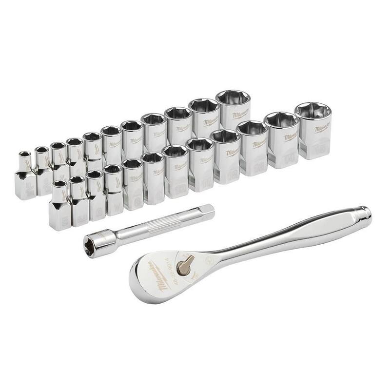 Juego de herramientas mecánicas Milwaukee de trinquete y dados de 1/4 de pulgada SAE/métricos (25 piezas) - 48-22-9044.