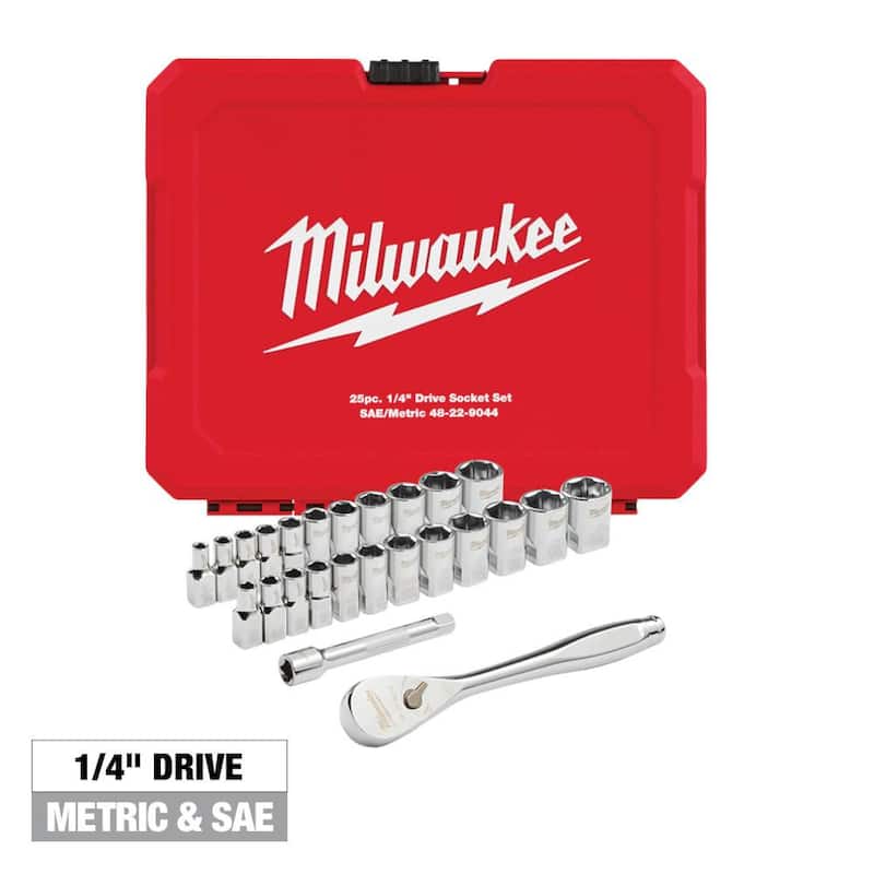 Juego de herramientas mecánicas Milwaukee de trinquete y dados de 1/4 de pulgada SAE/métricos (25 piezas) - 48-22-9044.