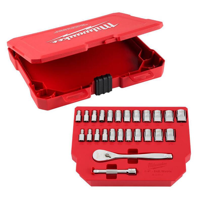 Juego de herramientas mecánicas Milwaukee de trinquete y dados de 1/4 de pulgada SAE/métricos (25 piezas) - 48-22-9044.