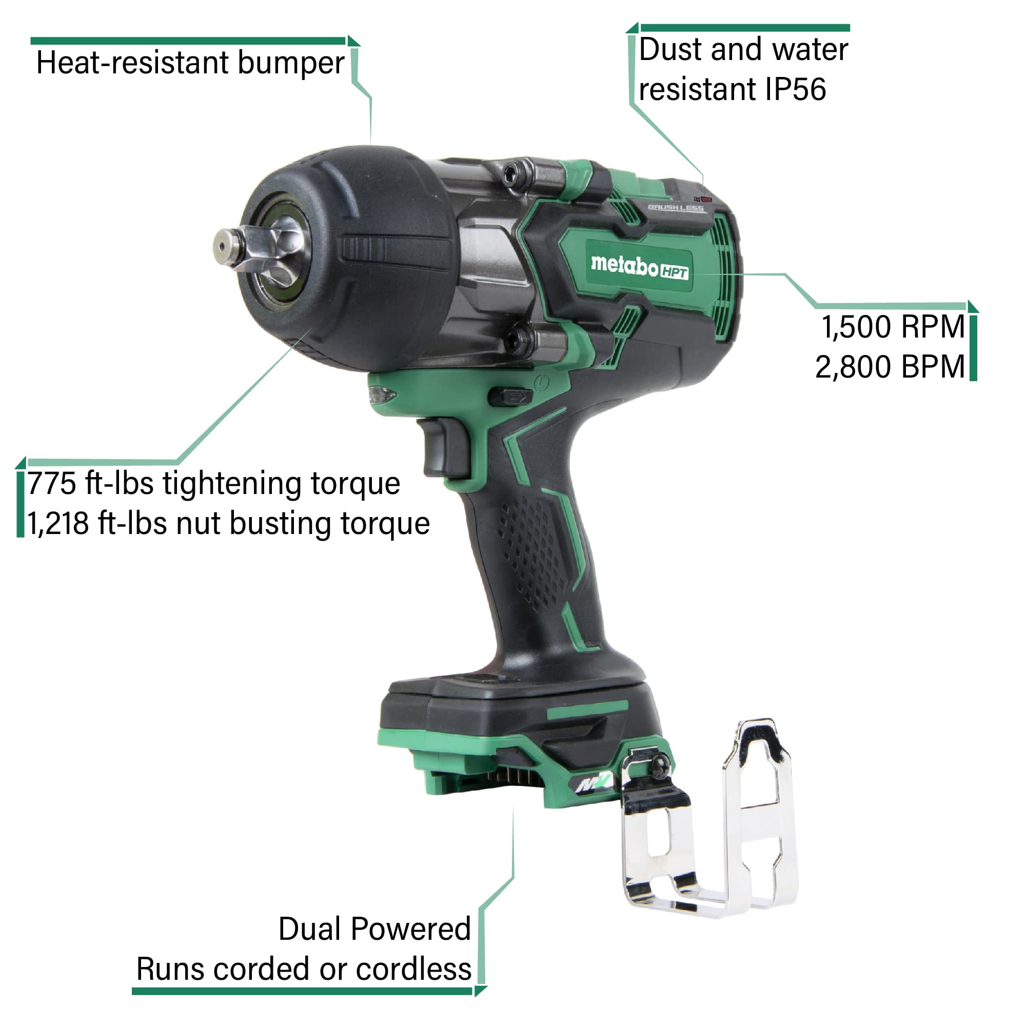 Llave de impacto inalámbrica con capacidad híbrida de 36 voltios y velocidad variable sin escobillas de 1/2 pulgada.