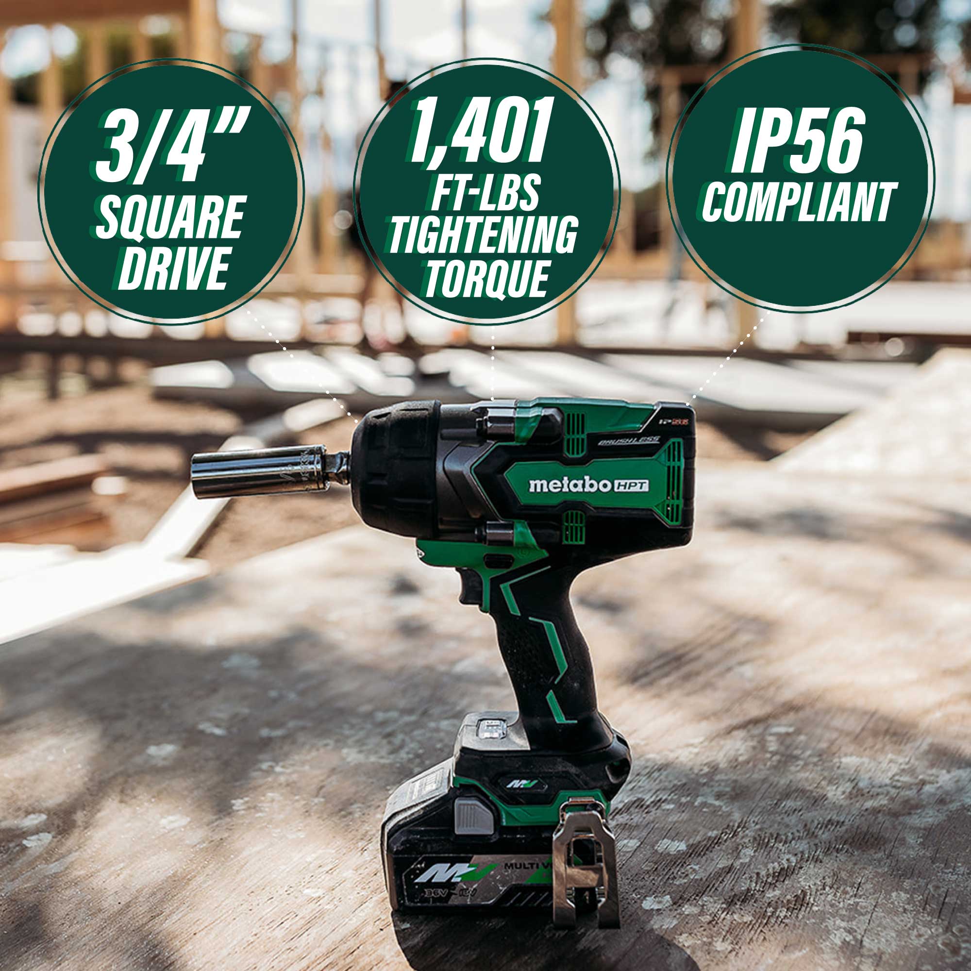 Llave de impacto inalámbrica Metabo HPT 36 voltios con variación de velocidad sin escobillas de 3/4 pulgadas, cuadro cuadrado WR36DFQ4M