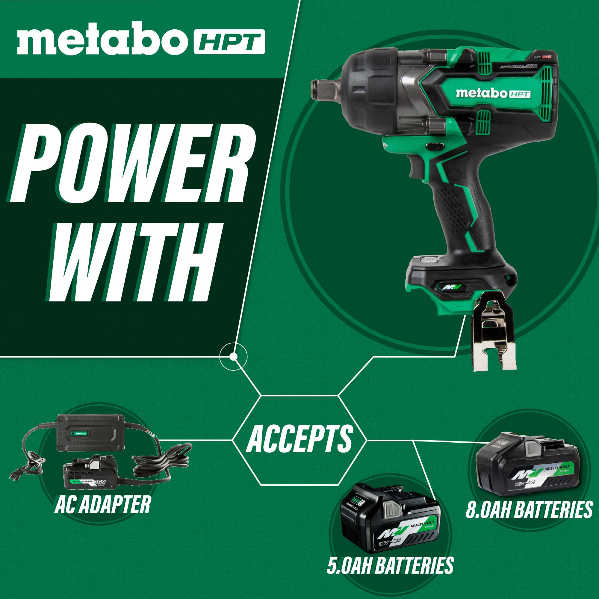 Llave de impacto inalámbrica Metabo HPT 36 voltios con variación de velocidad sin escobillas de 3/4 pulgadas, cuadro cuadrado WR36DFQ4M