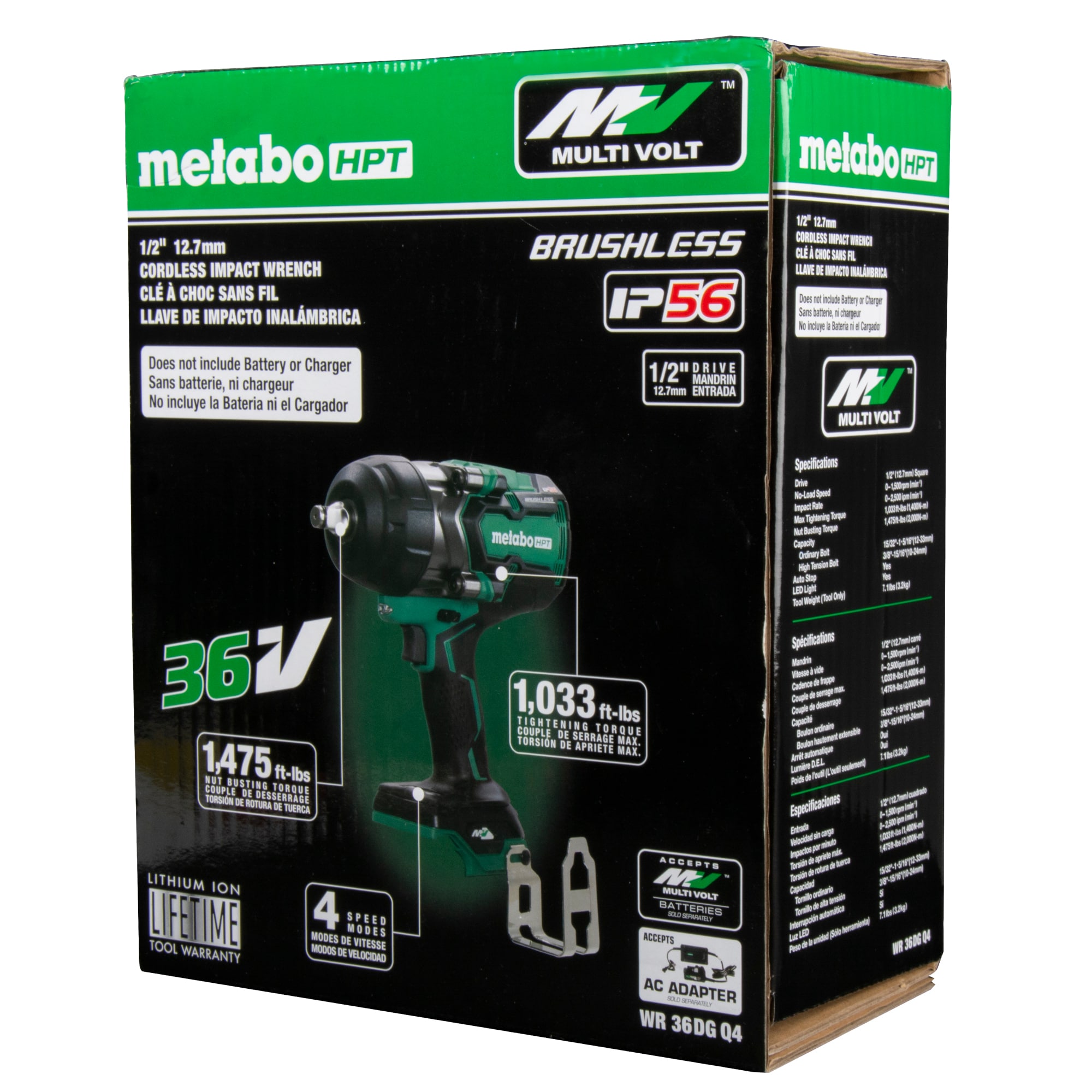 Llave de Impacto Inalámbrica Metabo HPT 36V de Velocidad Variable sin Escobillas de 1/2 pulgada con Cuadro Cuadrado WR36DGQ4M