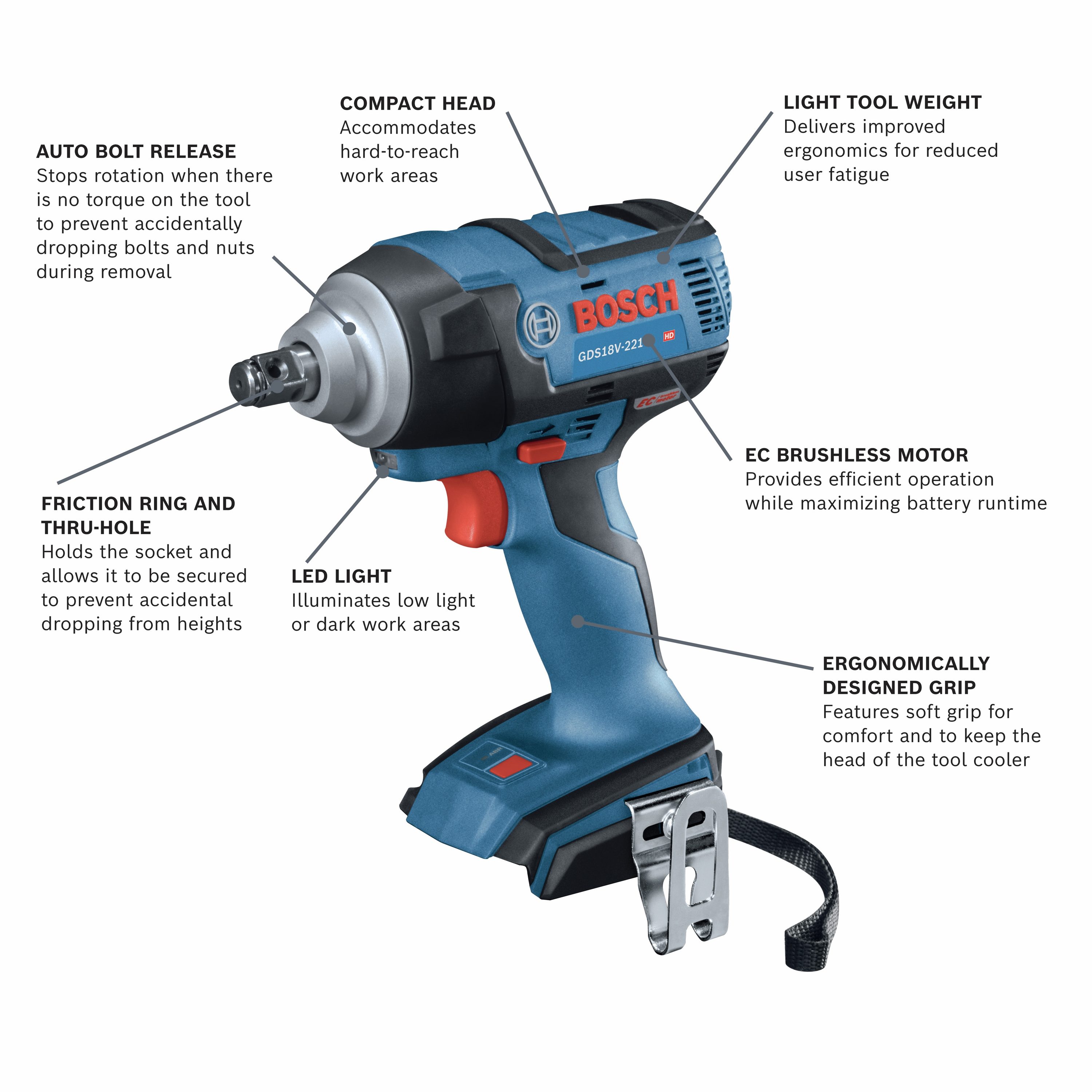 Llave de Impacto Inalámbrica Bosch de 18 voltios y 4 amperios con Velocidad Variable sin Escobillas de 1/2 pulgada GDS18V-221N