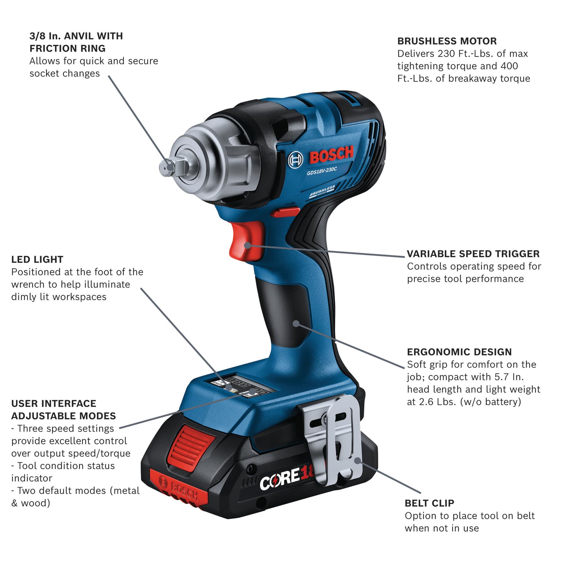 Llave de impacto inalámbrica Bosch de 18 voltios con motor sin escobillas de velocidad variable de 4 amperios y 3/8 pulgadas (batería incluida) GDS18V-230CB24
