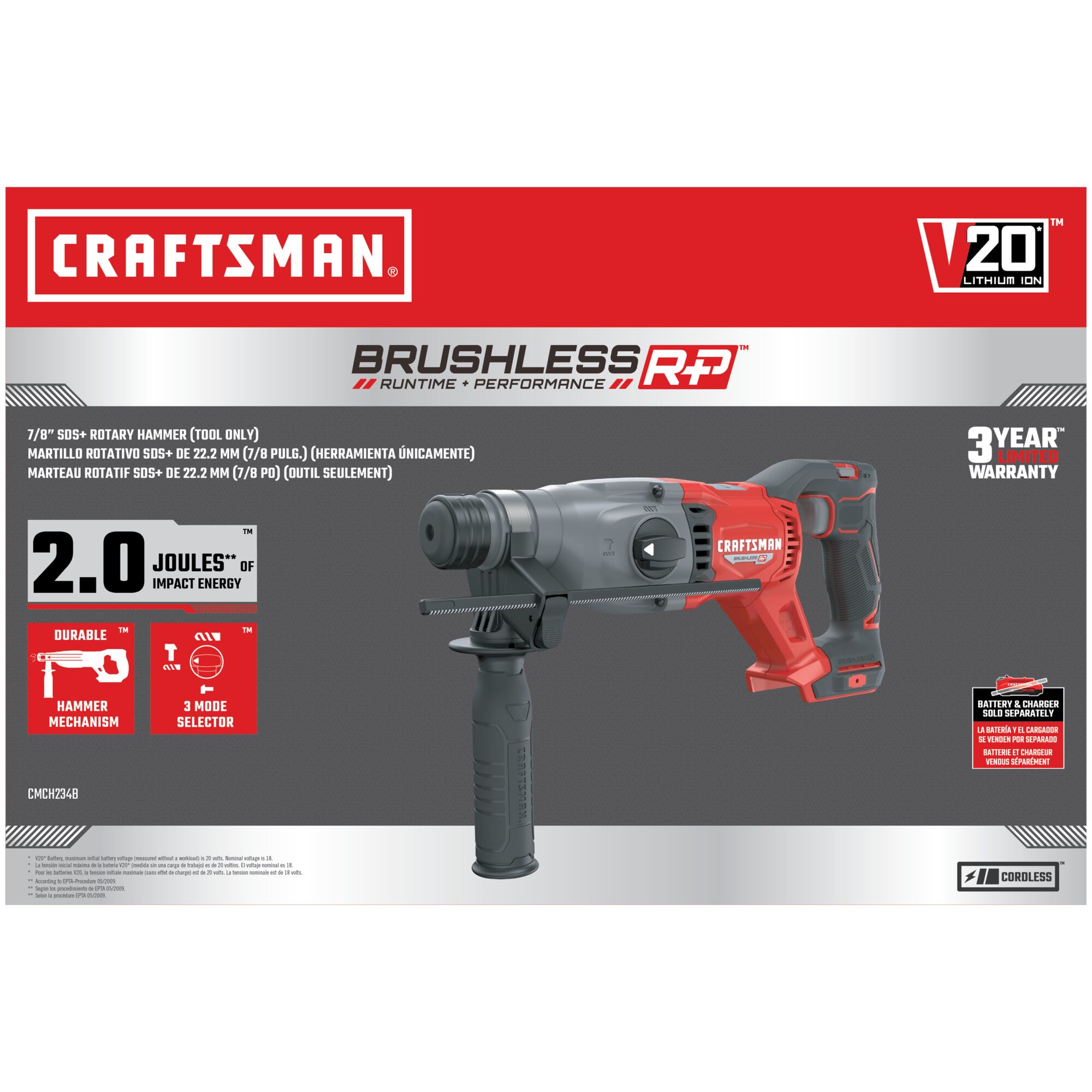Martillo rotativo inalámbrico de velocidad variable CRAFTSMAN V20 Brushless RP de 20 voltios máximo 1 pulgada SDS-plus CMCH234B