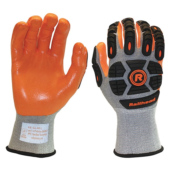 Guantes recubiertos de impacto y resistentes al corte Gear Railhead, nivel de corte A3, gris/naranja, tamaño grande - KE-GL40 L