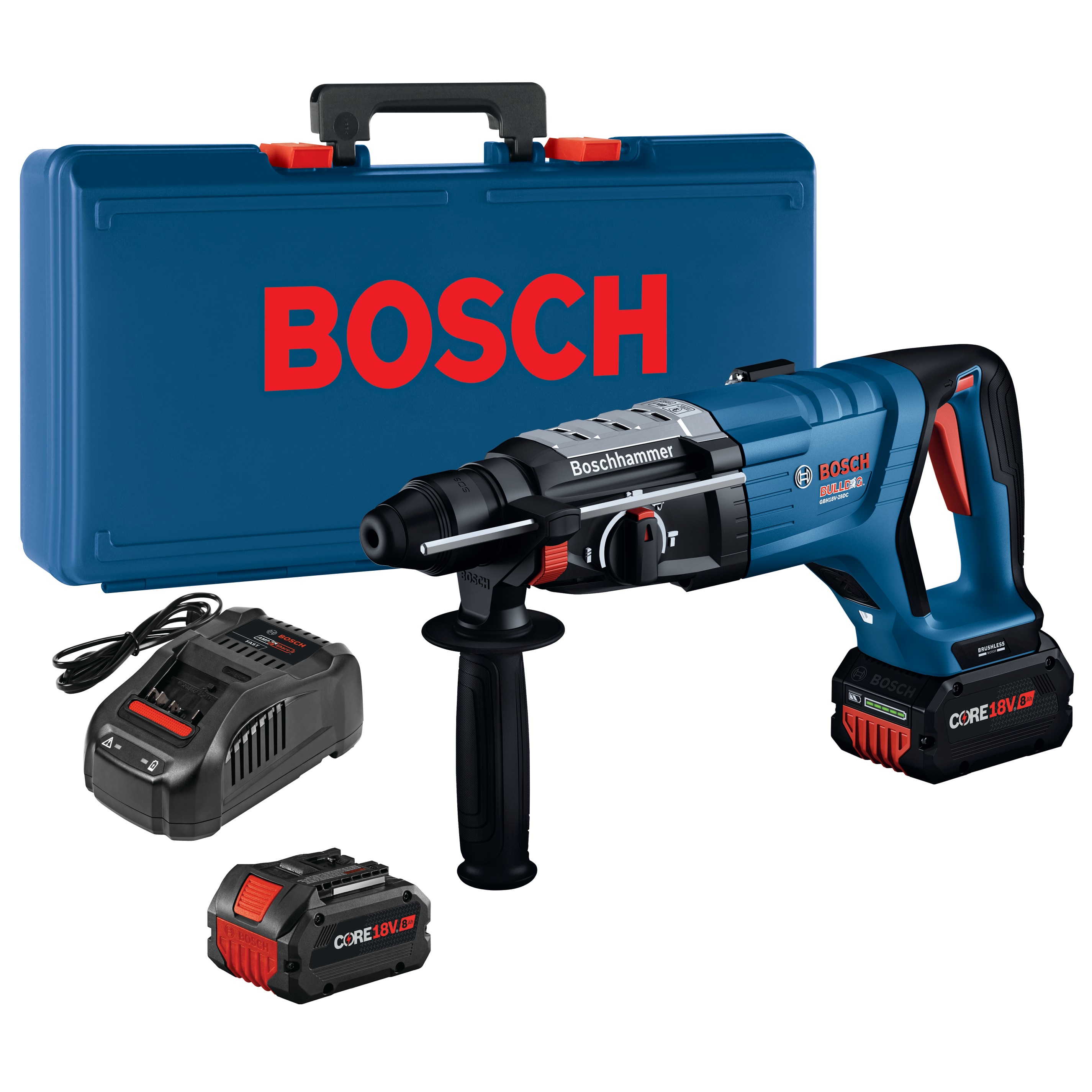 Martillo rotativo inalámbrico con martillo perforador SDS-plus variable de velocidad Bosch Bulldog de 18 voltios y 8 amperios GBH18V-28DCK24 de 1-1/8 pulgadas