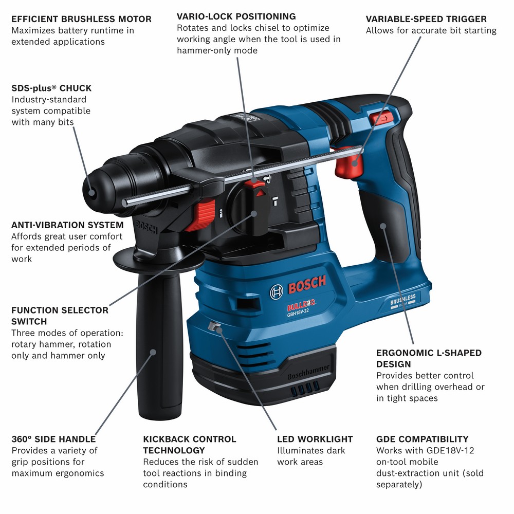 Taladro martillo rotativo inalámbrico Bosch de 18 voltios y 8 amperios con velocidad variable SDS-Plus SDS-plus GBH18V-22N