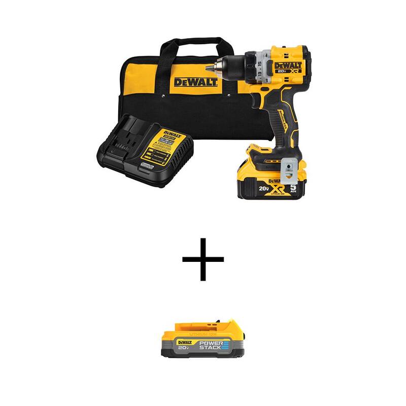Kit de taladro/destornillador compacto inalámbrico DEWALT 20V MAX XR de ion de litio de 1/2 pulgada con batería de 5Ah, batería POWERSTACK de 1.7Ah y cargador - DCD800P1WCBP034