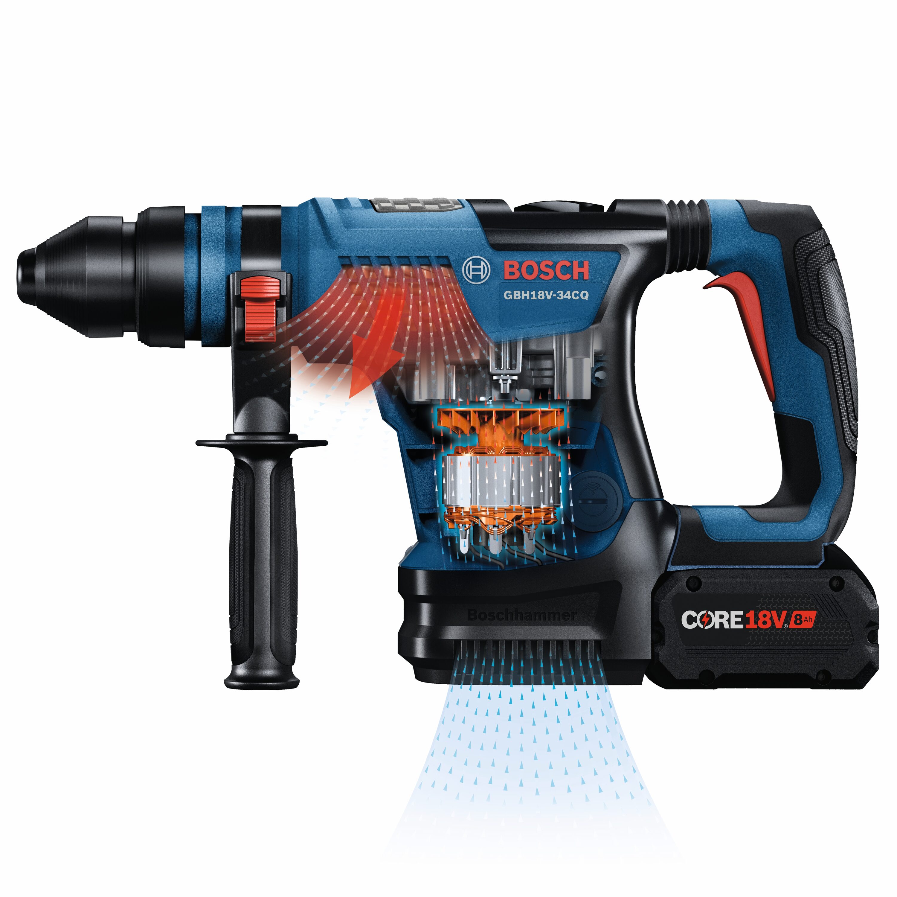 Martillo rotativo inalámbrico Bosch PROFACTOR 18 voltios 8 amperios SDS-Plus con velocidad variable GBH18V-34CQB24.