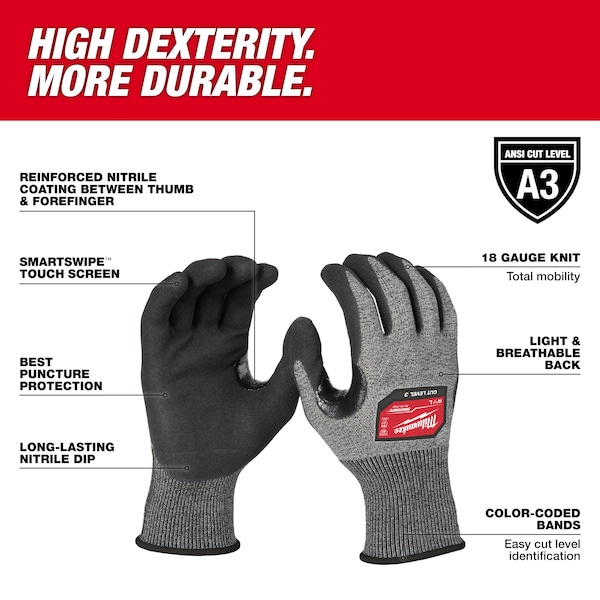 Guantes sumergibles resistentes al corte de Milwaukee Tool, nivel de corte A3, calibre 18, tamaño grande - 48-73-7132.