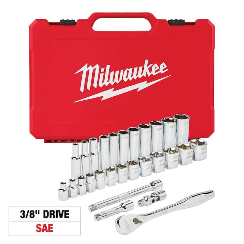 Set de herramientas mecánicas Milwaukee de trinquete y vasos de 3/8 pulgadas con medidas en sistema estándar (28 piezas) - 48-22-9408.