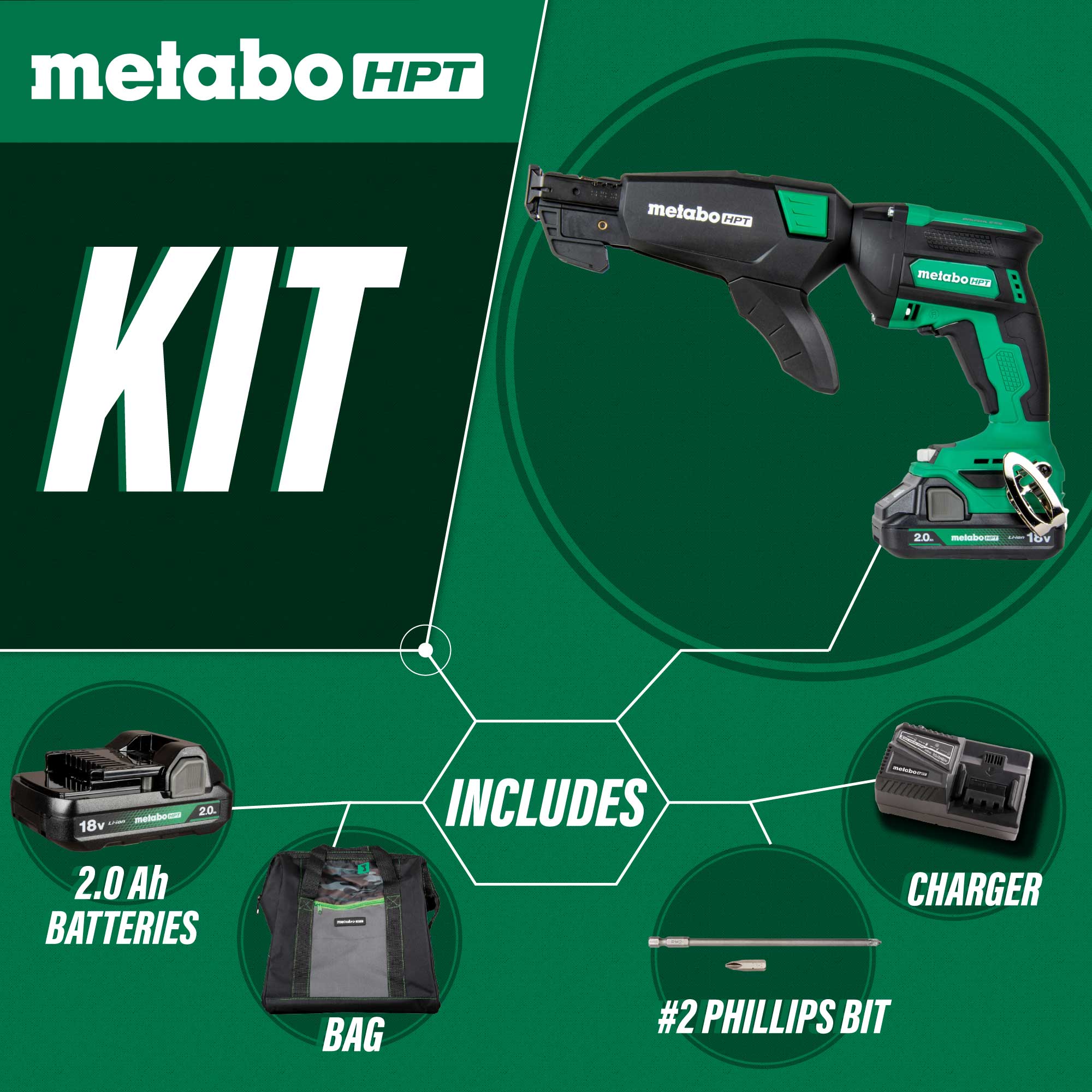 Kit de Pistola Atornilladora sin escobillas con Collated Fastener y baterías de 18 voltios de iones de litio (Li-ion) incluidas Metabo HPT W18DAQBM
