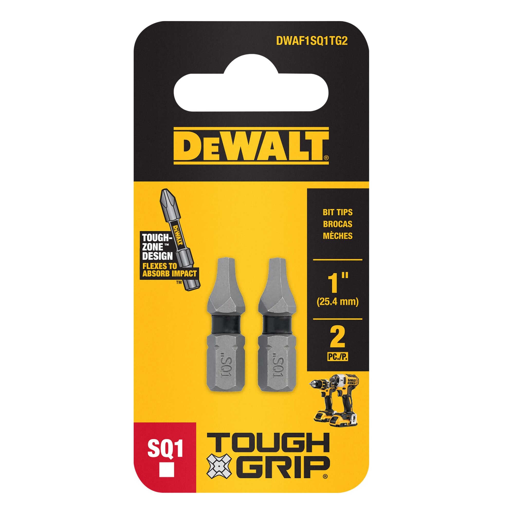Punta de desarmador cuadrada/Robertson #1 DEWALT TOUGH GRIP de 1 pulgada - Juego de 2 piezas DWAF1SQ1TG2