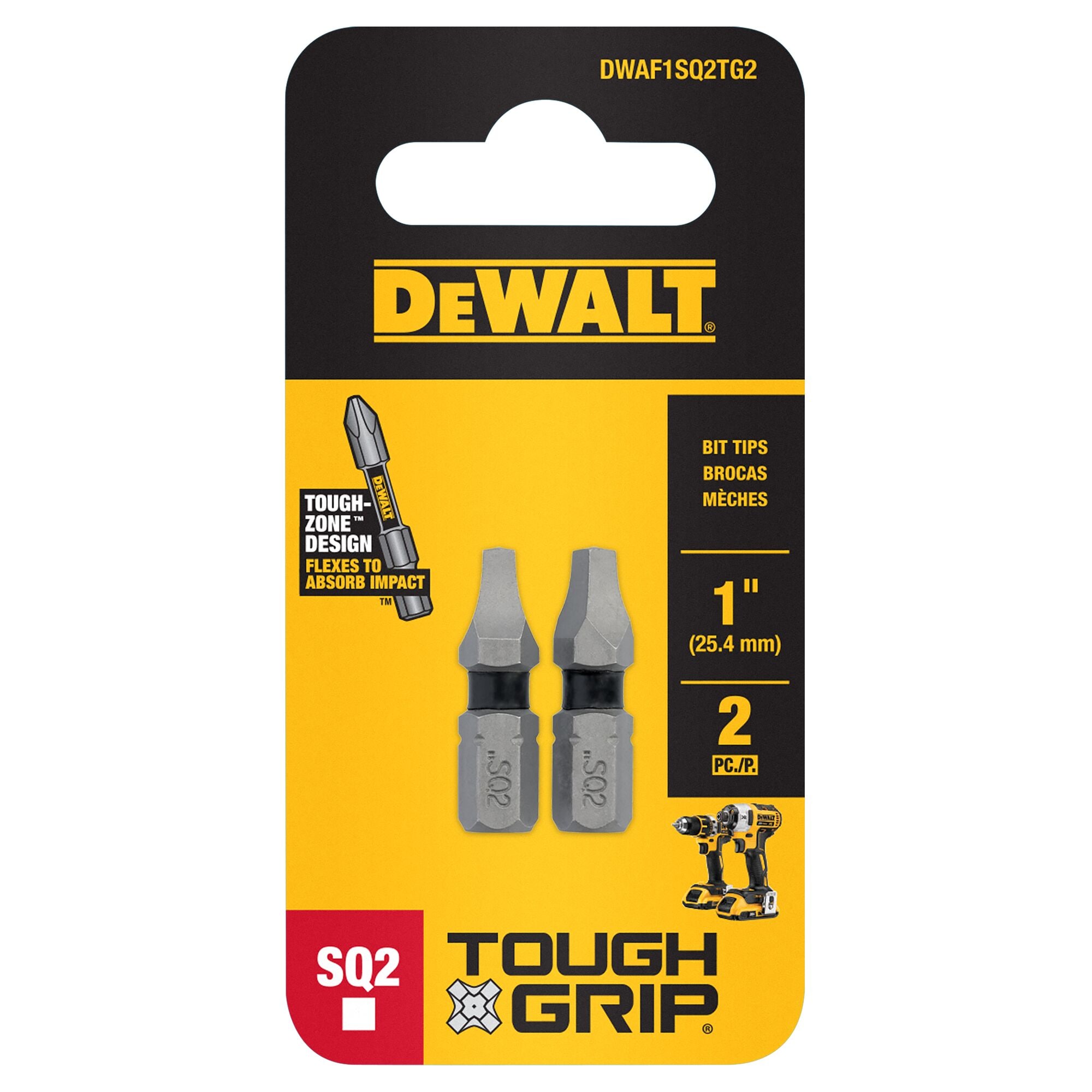 Punta para destornillador cuadrada/Robertson #2 de 1 pulgada DEWALT TOUGH GRIP, 2 piezas DWAF1SQ2TG2