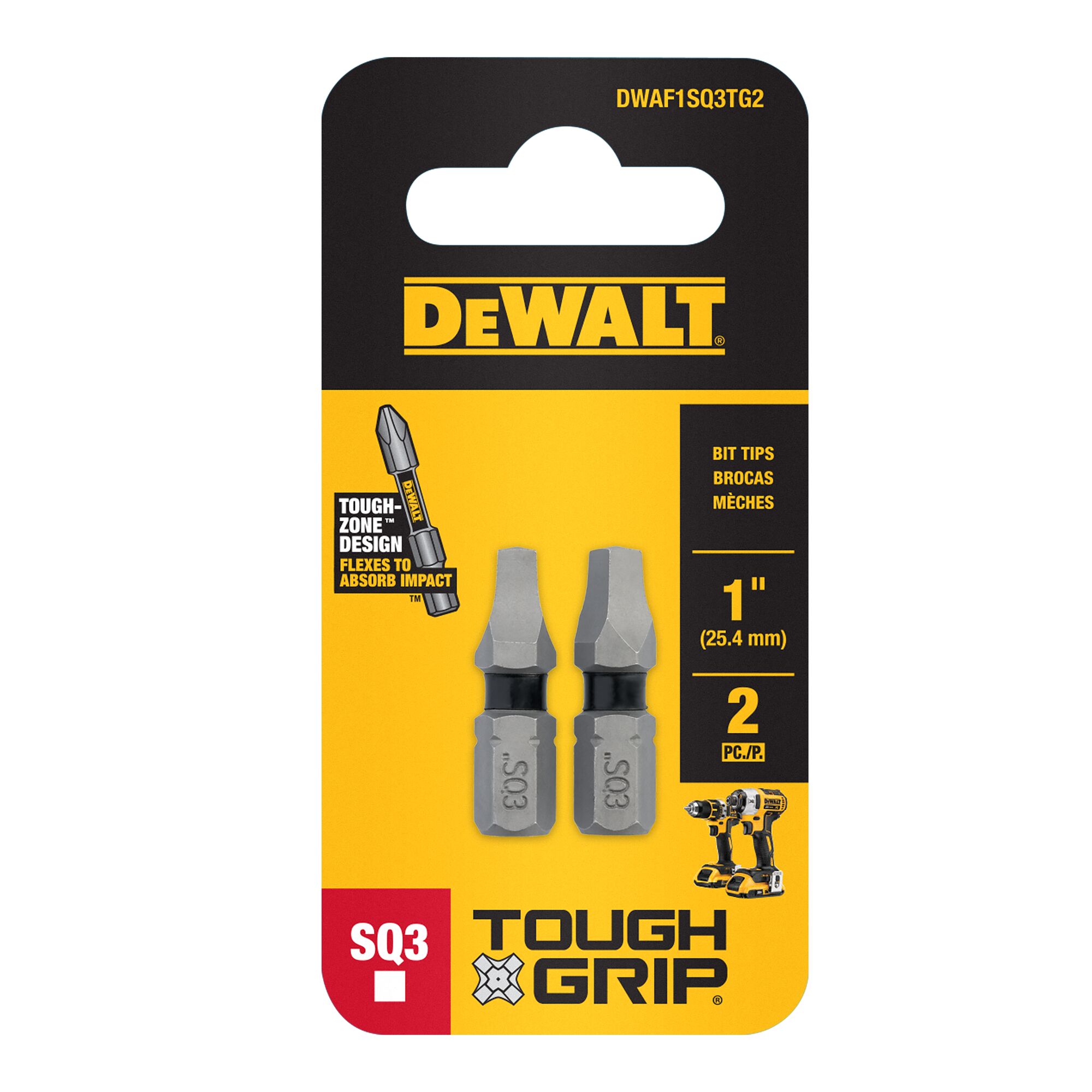 Punta de destornillador cuadrado/Robertson DEWALT TOUGH GRIP de 1 pulgada #3 - Juego de 2 piezas DWAF1SQ3TG2