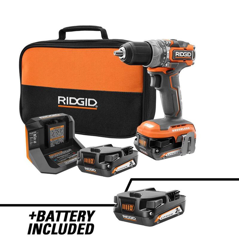 Juego de Taladro/Atornillador de Martillo RIDGID 18V SubCompact Brushless de 1/2 pulgadas con (1) Batería de 2.0 Ah, Cargador, Bolsa y Batería Extra de 2.0 Ah - R8711K-AC8400802